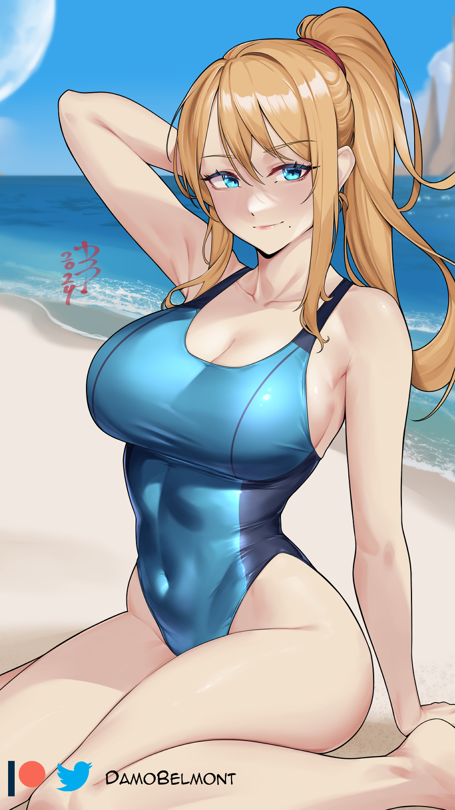 arm up, bare shoulders, beach, blonde hair, blue eyes, blue one-piece swimsuit, blue sky, breasts, cleavage, covered navel, damobelmont, day, female, highres, large breasts, long hair, looking at viewer, metroid, nintendo, ocean, one-piece swimsuit, outdoors, ponytail, samus aran, sidelocks, sitting, sky, smile, solo, swimsuit, thighs, very long hair, wariza, water