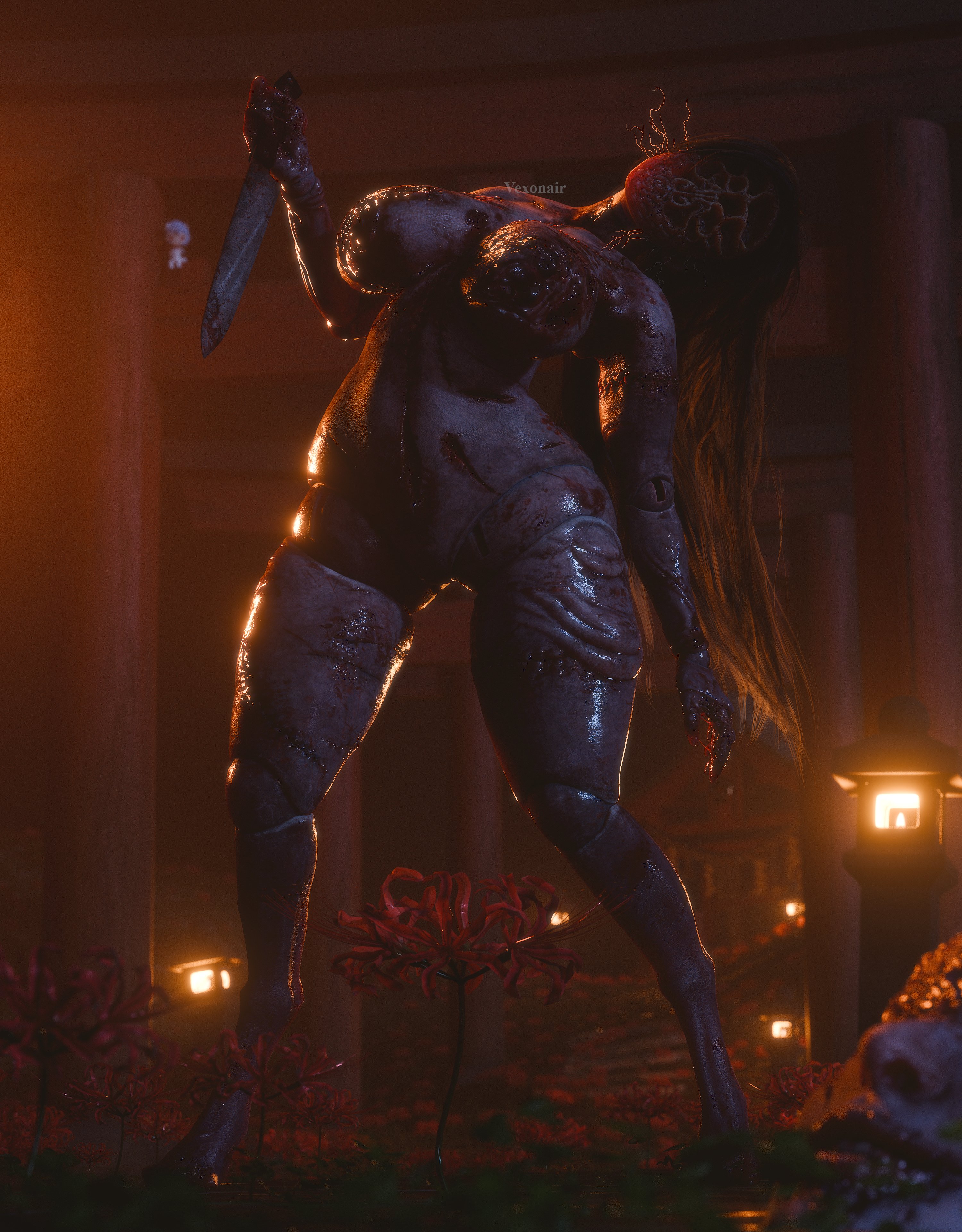 3d, 3d (artwork), big breasts, breasts, female, kashimashi (silent hill), monster, monster girl, nonsexual, nonsexual nudity, pale skin, silent hill, silent hill f, vexonair, watermark, weapon