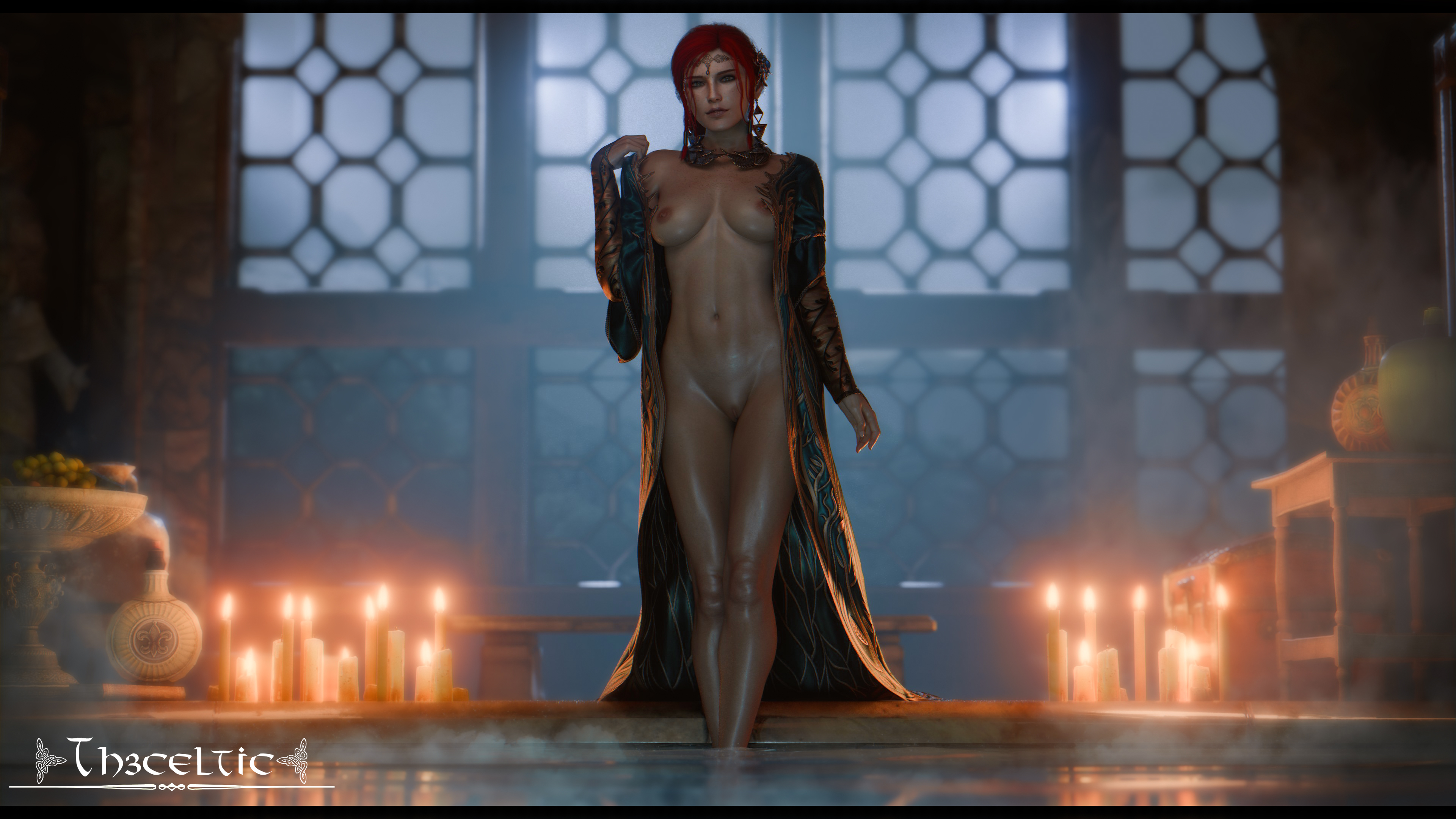 3d, bath, bathing, breasts, cd projekt red, earrings, female, female only, freckles, freckles on breasts, green dress, hair ornament, light-skinned female, looking at viewer, mascara, necklace, nipples, nude, pussy, red hair, shaved pussy, solo, solo female, th3celtic, the witcher (series), the witcher 3: wild hunt, theceltic, triss merigold