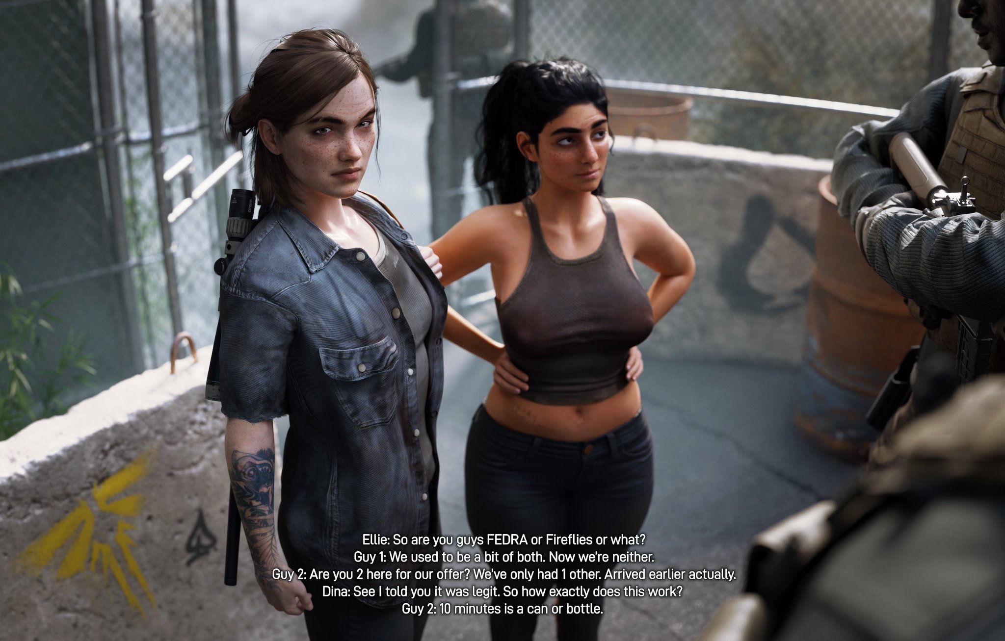 2girls, 3d, ass, big ass, big breasts, breasts, brown hair, comic, comic page, curvaceous, curvy, curvy figure, dina (the last of us), dinoboy555, ellie (the last of us), ellie williams, english text, female, guns, hips, hourglass figure, large ass, large breasts, light skin, light-skinned female, male, mature, mature female, medium breasts, middle eastern, multiple females, multiple girls, naughty dog, olive skin, slim waist, standing, subtitled, text, the last of us, the last of us 2, thick, thick hips, thick legs, thick thighs, thighs, tomboy, voluptuous, waist, weapon, wide hips