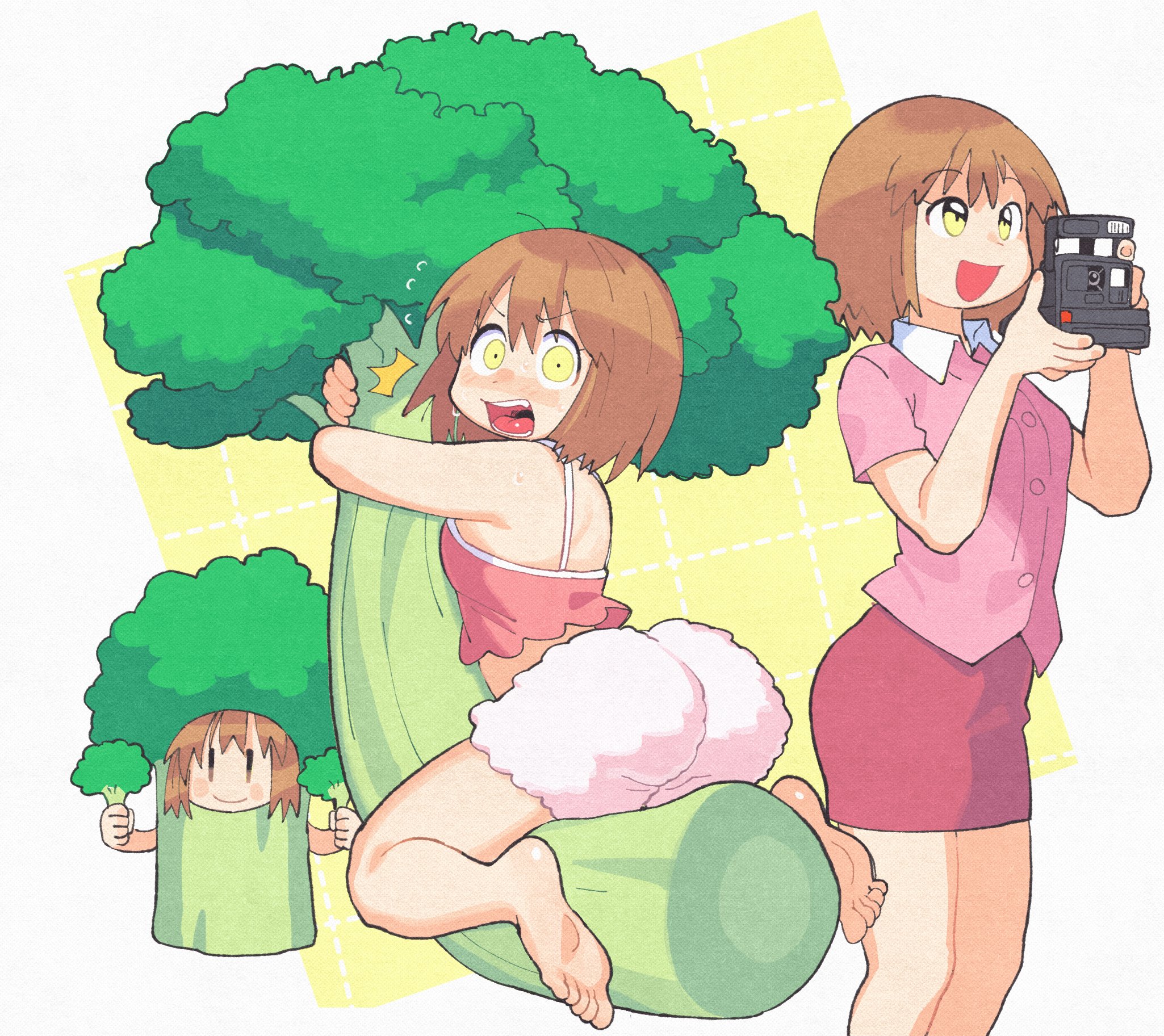 1girls, ass, ayumu niikura, broccoli, camisole, city (arawi keiichi), clothed, clothes, female, female focus, female only, fully clothed, huge ass, inkerton-kun, inkuusan, pink shirt, shorts, tagme