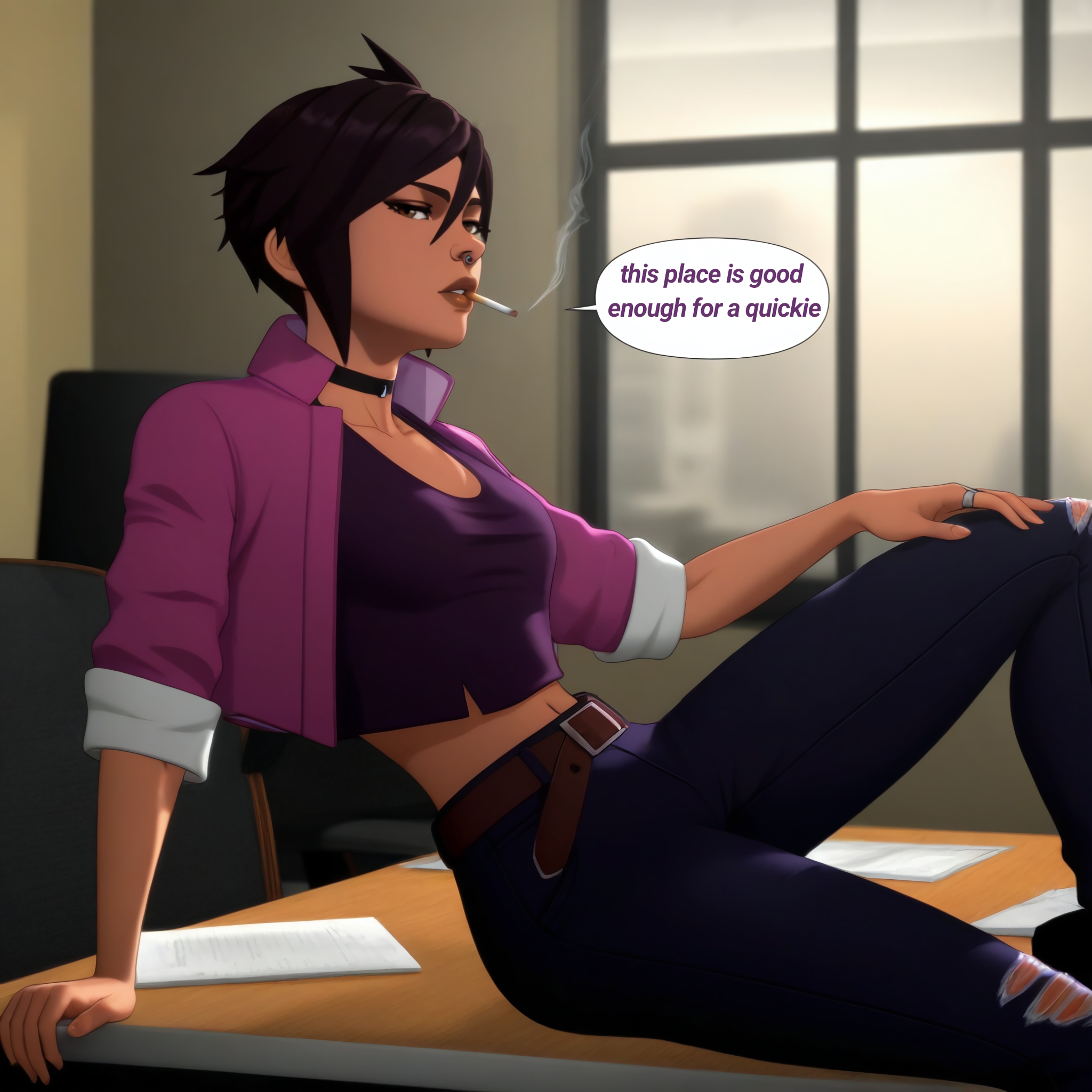 1girls, 3dcg, ai assisted, ai generated, bare belly, belly, belt, belt buckle, breasts, brown eyes, brown lips, cel shading, choker, cigarette, clothed, dark hair, dialogue, dispatch (game), english text, female, fully clothed, indoors, invisigal, jacket, looking at viewer, medium breasts, messy hair, nose piercing, nose ring, office, pants, piercing, protocat, short hair, short hair female, sitting, slender, slender body, slender waist, slim, slim waist, smoking, smoking cigarette, solo, solo female, solo focus, superhero, superheroine, talking to viewer, text, text bubble, torn pants