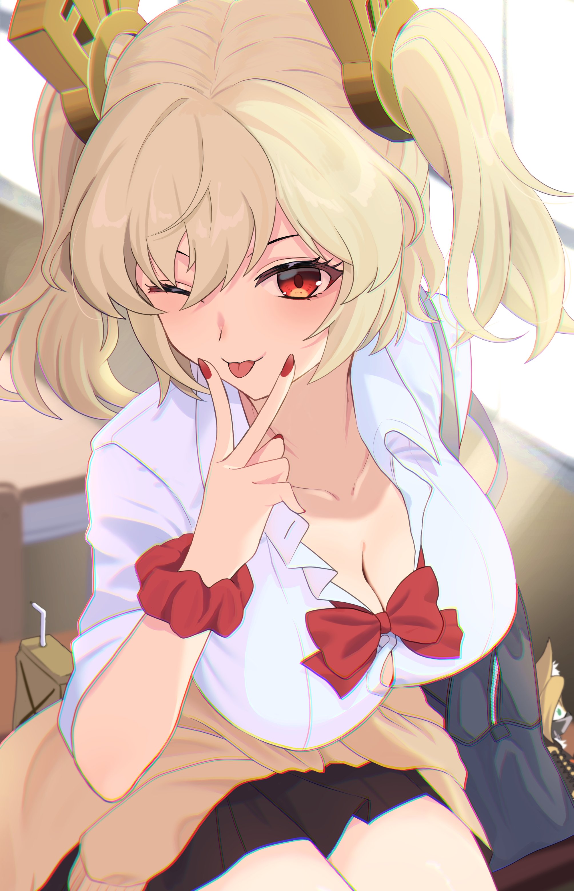 ;d, absurdres, black skirt, blonde hair, bow, bowtie, breasts, burnice white, clothes around waist, commentary, desk, female, hair between eyes, hair ornament, highres, indoors, jacket, large breasts, looking at viewer, one eye closed, open clothes, open mouth, partially unbuttoned, pleated skirt, pulchra fellini, red bow, red bowtie, red eyes, red nails, ruaruayana, school desk, school uniform, shirt, short hair, sitting, sitting on table, skirt, smile, solo, tongue, tongue out, twintails, v, white shirt, zenless zone zero