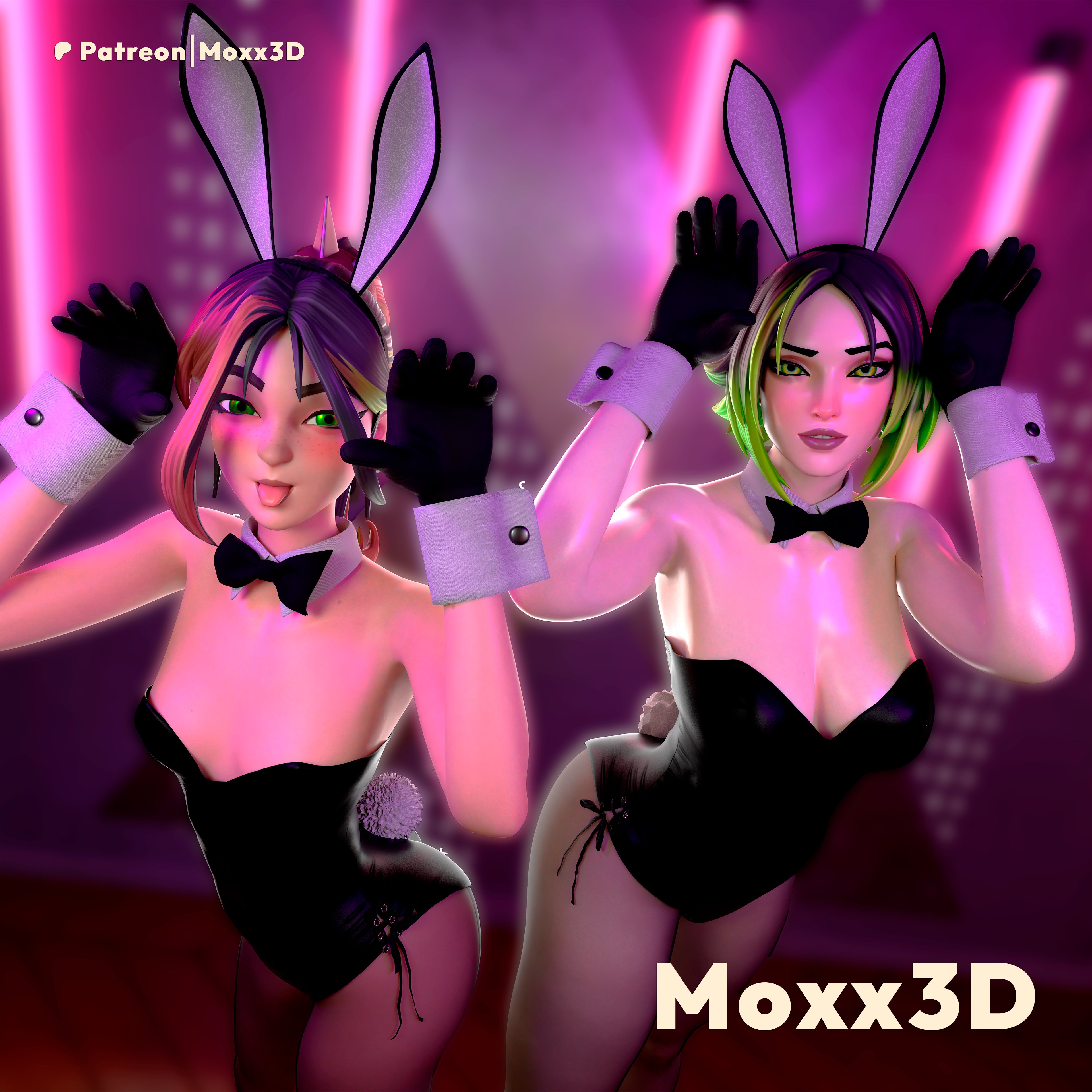 black hair, bunnysuit, eyeliner, female, fortnite, fortnite: battle royale, green eyes, helsie (fortnite), human female, looking at viewer, moxx3d, pale-skinned female, persephone (fortnite), posing, posing for the viewer, two-tone hair
