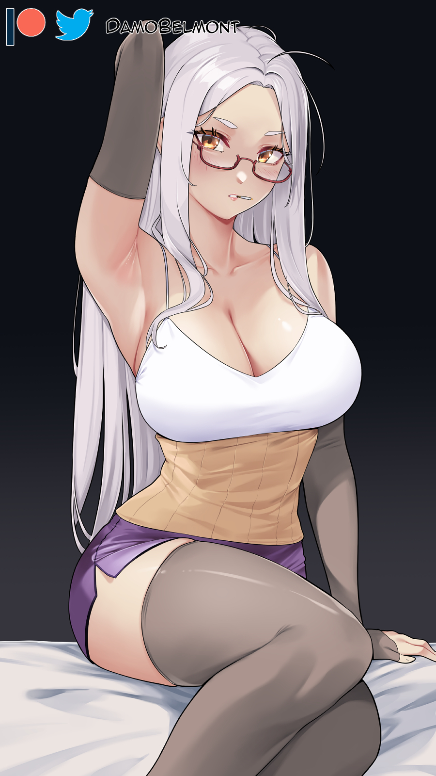 1girls, armpits, artist name, ayase seiko, bare shoulders, breasts, cigarette, collarbone, damobelmont, dandadan, dolphin shorts, female, glasses, haramaki, highres, large breasts, long hair, mature female, short shorts, shorts, sitting, thick thighs, thighhighs, thighs, white hair