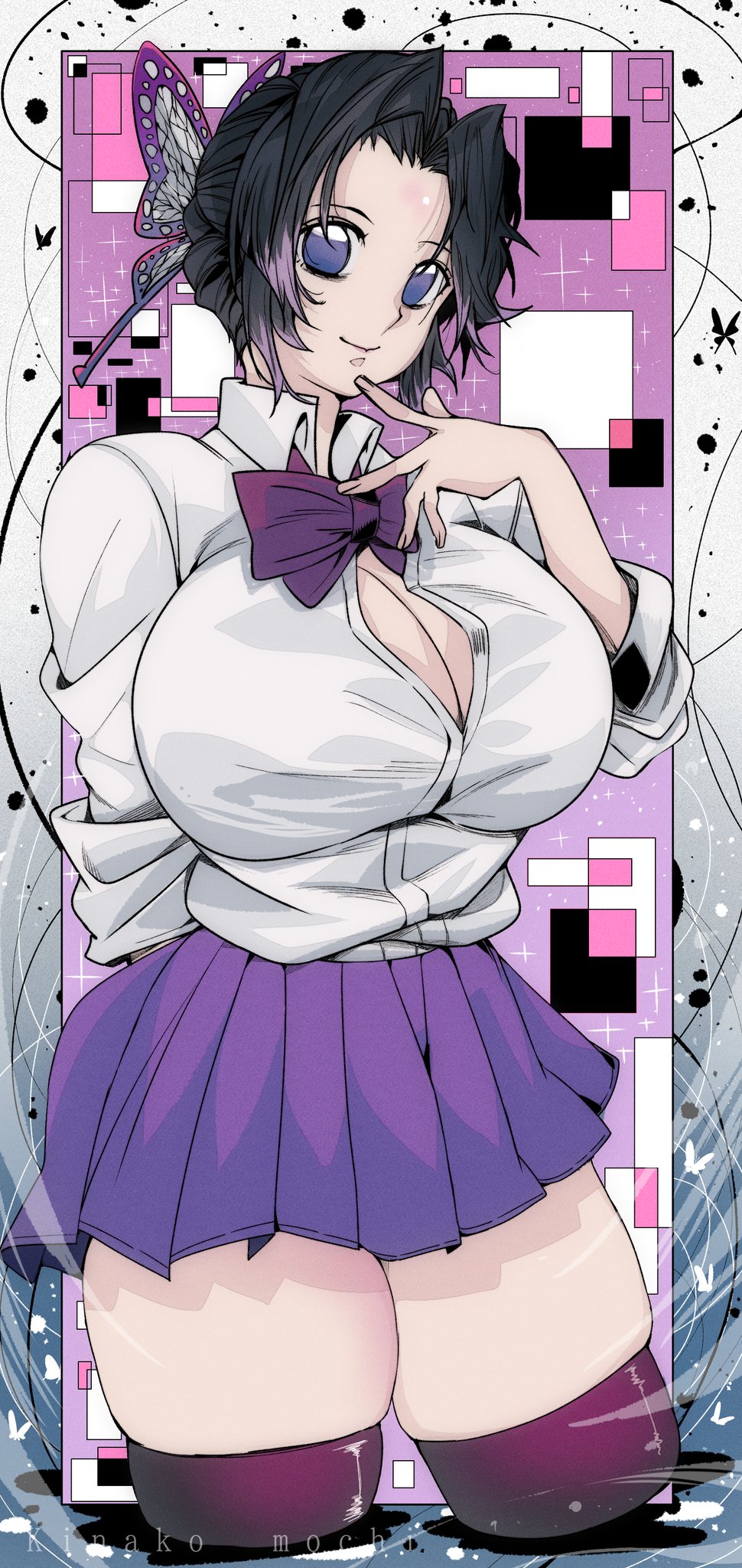 big breasts, breasts, butterfly hair ornament, demon slayer, female, kimetsu no yaiba, kochou shinobu, miniskirt, omochi db, purple eyes, school uniform, schoolgirl, thick thighs