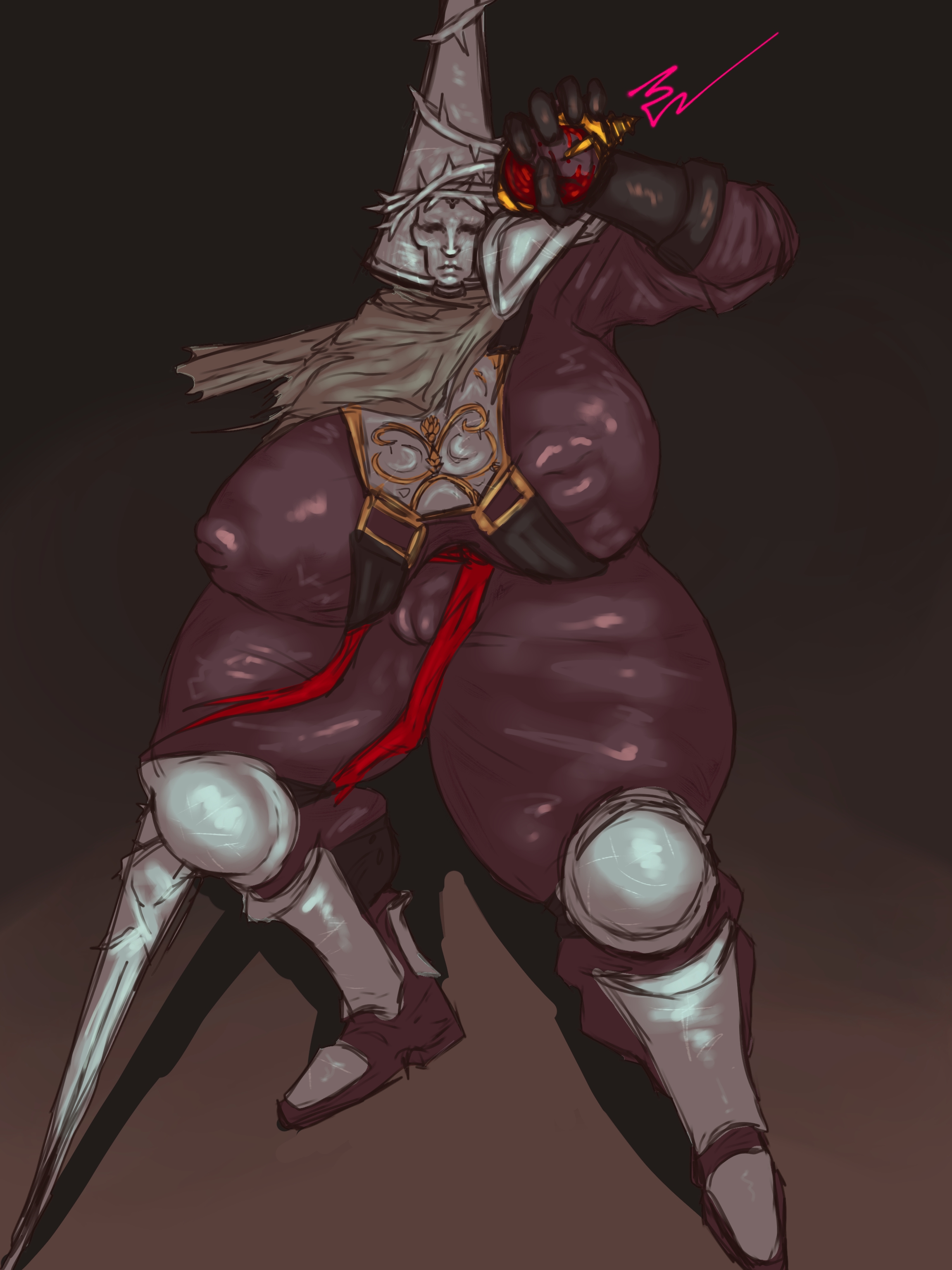 alhuzphy 02, big breasts, big nipples, big pussy, big thighs, blasphemous, breasts, clothed female, digital art, fat pussy, fat thighs, fat tits, female, female only, mask, masked female, no background, penitent one, pussy, rule 63, sword, visible nipples