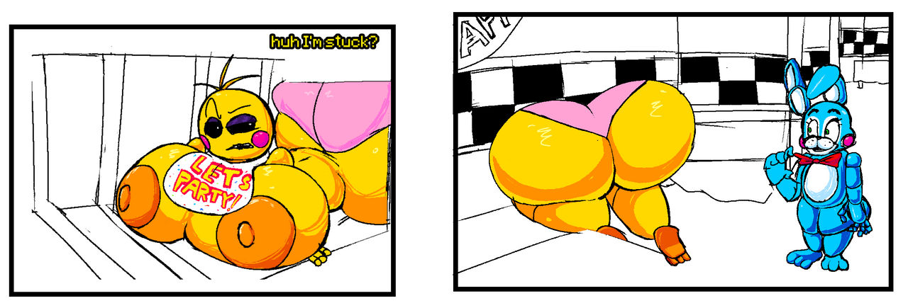 1boy, 1girls, ass stuck, ass too big, bib, breasts, five nights at freddy's, five nights at freddy's 2, fnaf2 location, huge areola, huge areolae, hyper, hyper ass, hyper breasts, hyper butt, hyper hips, hyper thighs, observing, scarmentor, staring at ass, stuck, stuck in vent, text, too big to fit, toy bonnie (fnaf), toy chica (fnaf), vent, xxturkiaxx
