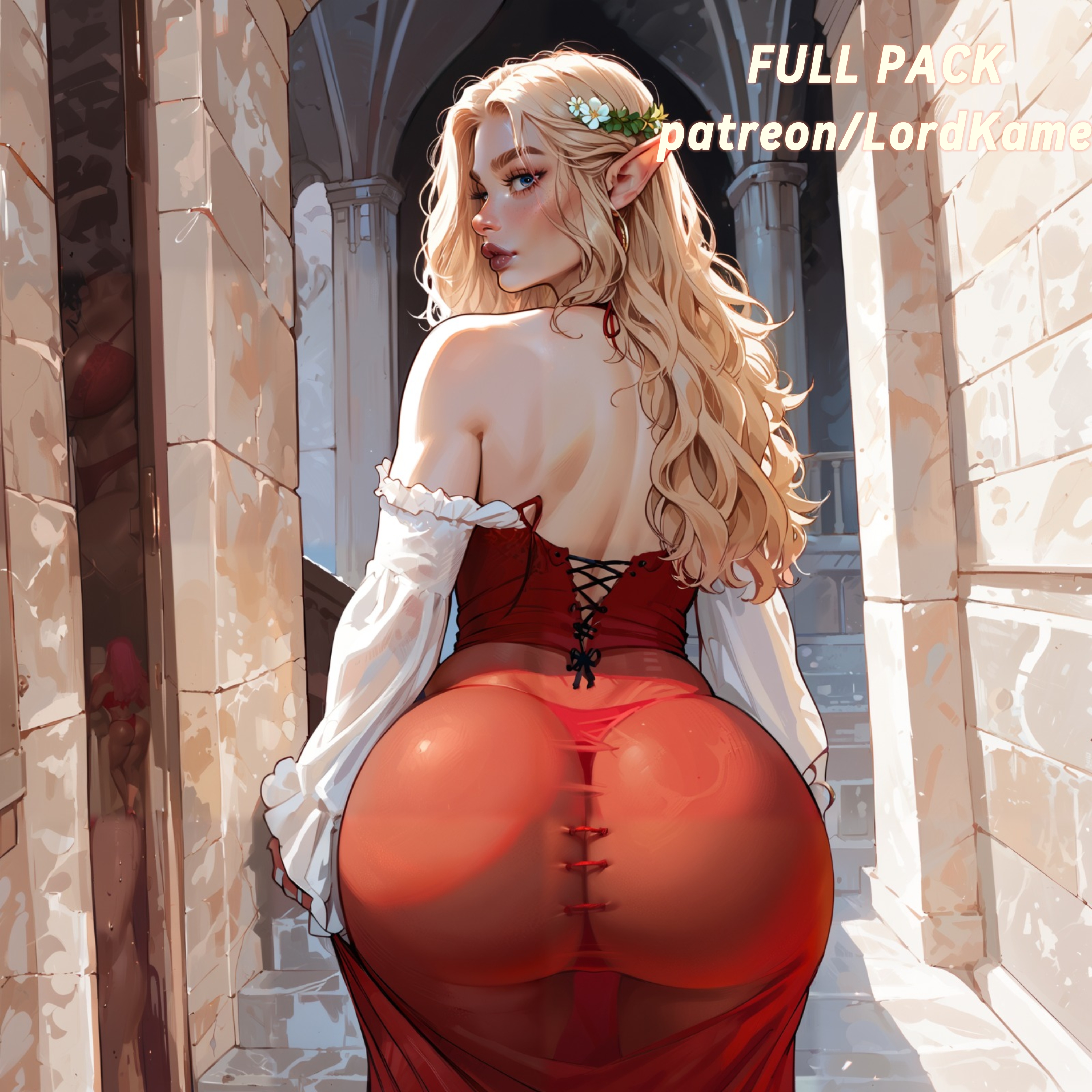 ai generated, big ass, black lipstick, blonde hair, elf, elf ears, elf femboy, elf male, femboy, femboy focus, femboysub, lipstick, lord kame, male, s