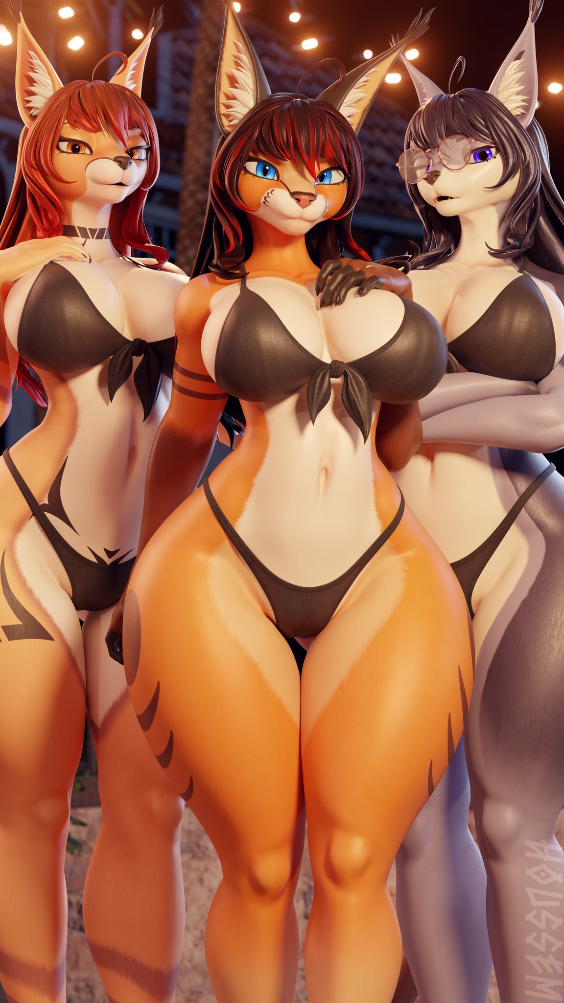 3girls, anthro, ashley (mutagen), bikini, crossed arms, female, female only, houssem, kate (itskeichi), take your pick, thick thighs, thin waist, voluptuous, voluptuous female, zephyr (kaizosn)
