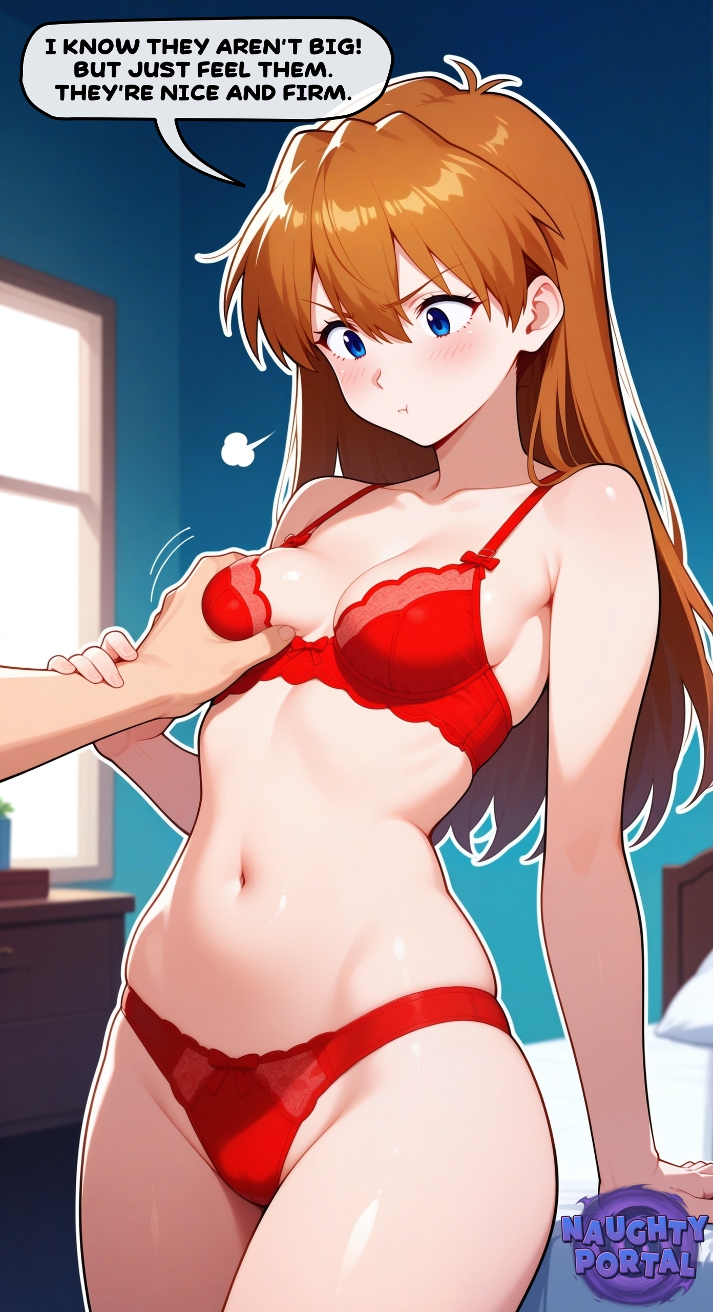 1girls, ai generated, angry, angry expression, angry face, asuka langley sohryu, bedroom, blue eyes, blush, blush lines, blushing female, breast grab, breasts, english, english text, female, female focus, fondling, fondling breast, guided breast grab, jorgecarlosai, lingerie, lingerie only, long hair, navel, neon genesis evangelion, orange hair, panties, pout, pouting, red hair, red lingerie, red panties, red underwear, redhead female, sexy, small boobs, small breasts, small tits, speech, speech bubble, text, text bubble, thighs, toned, underwear only, watermark