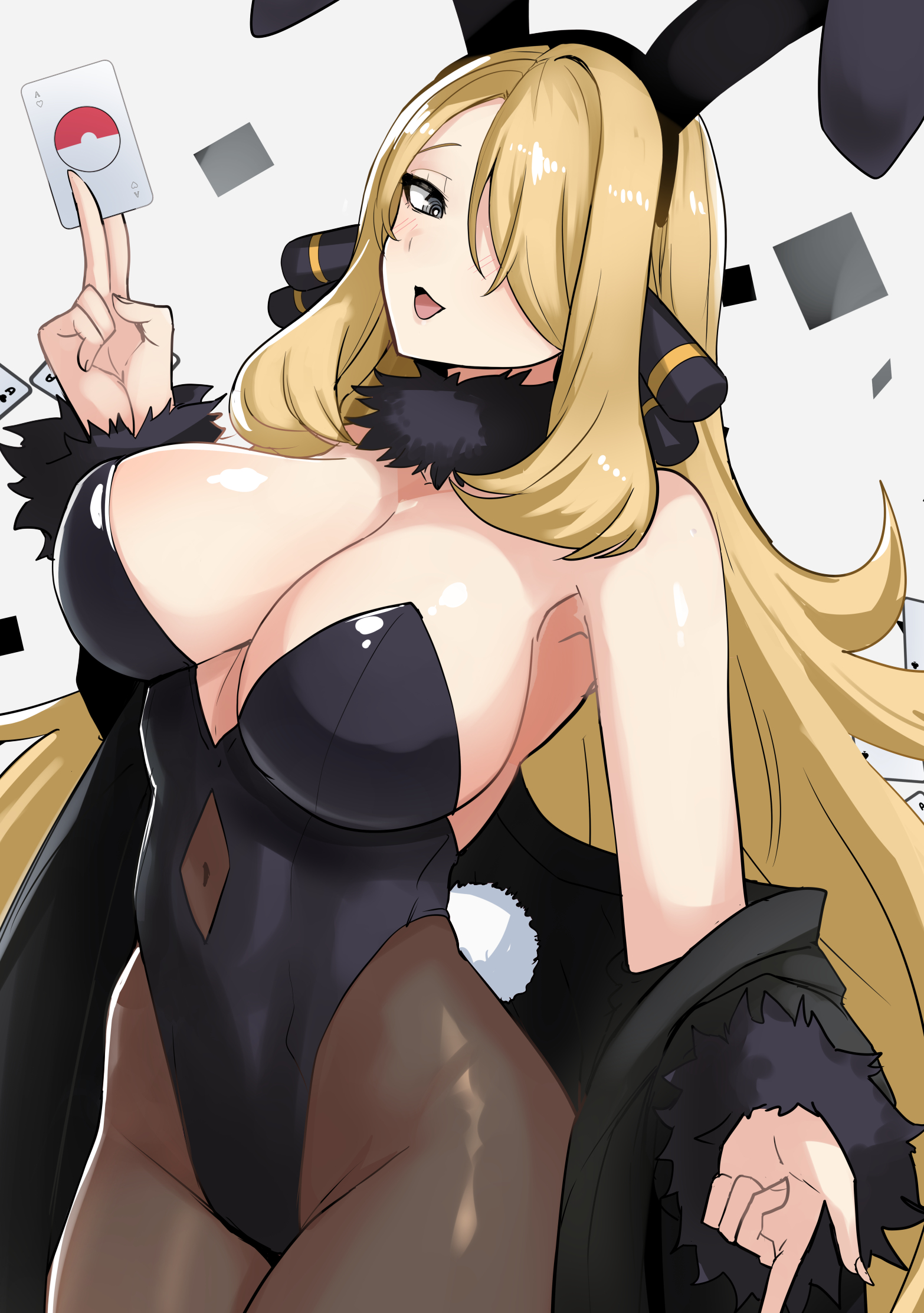 1girls, animal ears, bare shoulders, black leotard, blonde hair, breasts, brown pantyhose, bunny ears, bunnysuit, card, clash kuro neko, cleavage, collarbone, cynthia (pokemon), fake animal ears, fake tail, female, female focus, female only, fingernails, grey eyes, hair ornament, hair over one eye, highleg, highleg leotard, highres, holding, holding card, large breasts, leotard, looking at viewer, nintendo, off shoulder, open mouth, pantyhose, playing card, pokemon, pokemon dppt, rabbit ears, rabbit tail, sidelocks, solo, strapless, strapless leotard, tail, tongue