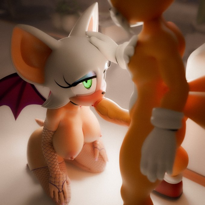 3d, 3d (artwork), 3d model, anthro, big breasts, big penis, blowjob, breasts, choker, fellatio, female, hand on head, kneeling, looking at another, male, mobian, mobian (species), mobian bat, nipples, nottanj, oral, penetration, penis, petting, rouge the bat, rouge the bat (nottanj), sega, sex, shortstackmagx2, sonic (series), sonic adventure 2, sonic the hedgehog (series), tails, tails the fox