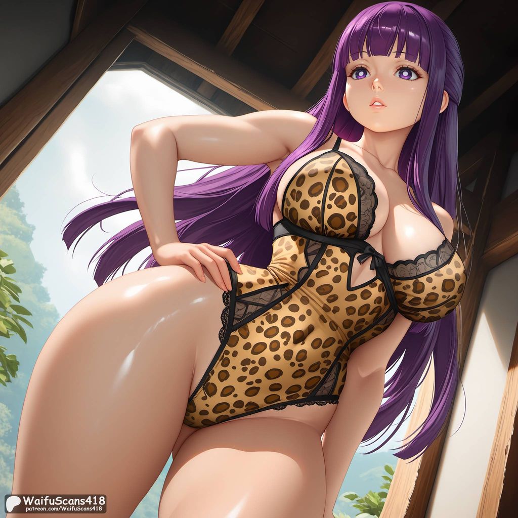 ai generated, animal print, bangs, bare shoulders, blunt bangs, breasts, cleavage, collarbone, covered navel, female, fern (sousou no frieren), frieren beyond journey's end, from below, hand on hip, high resolution, highleg, highleg leotard, highres, large breasts, leopard print, leotard, lingerie, long hair, parted lips, purple eyes, purple hair, solo, sousou no frieren, stable diffusion, thick thighs, thighs, waifuscans418