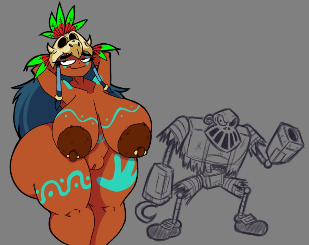 1girls, areolae, arms behind back, ass, ass from the front, ass visible through thighs, big ass, big breasts, big butt, blue hair, breasts, bubble ass, bubble butt, dark skin, dark-skinned female, fairy, female, holly luya (rayman), huge ass, huge breasts, huge hips, huge thighs, large ass, large breasts, long hair, looking at viewer, naked, naked female, nude, nude female, nymph, nymph (rayman), piercing, piercing nipples, pussy, rayman (series), rayman origins, robo-pirate (rayman), seductive, seductive eyes, seductive look, seductive smile, sillychubbytoad, smile, solo, solo female, tattoo, thick ass, thick thighs, ubisoft, wide hips