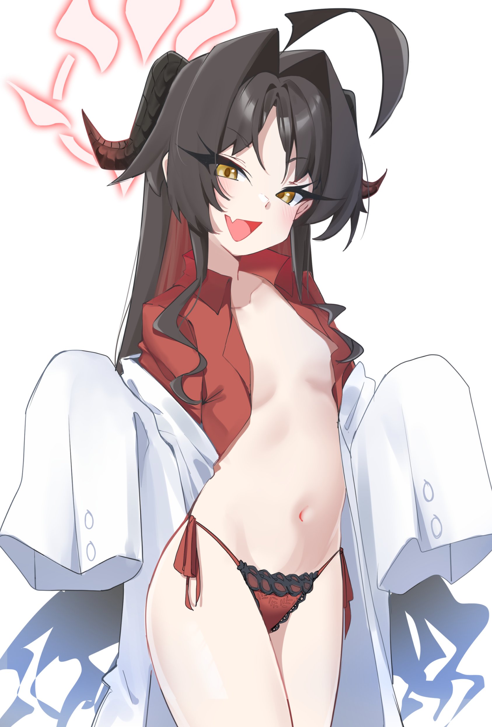belly button, blue archive, breasts, cute fang, female, gen (unzzenasd), horns, kasumi (blue archive), labcoat, panties, petite, side-tie panties, small breasts, smile, yellow eyes