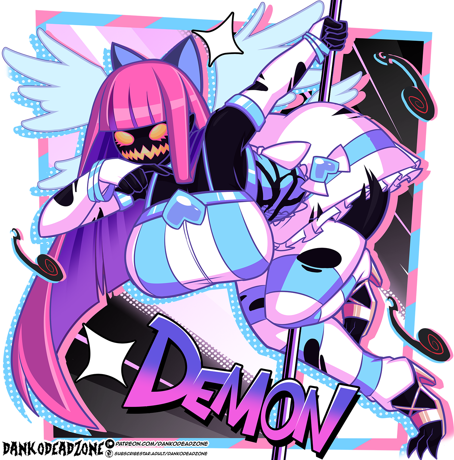 bare shoulders, blue eyes, blue hair, blunt bangs, bracelet, breasts, checkered background, closed mouth, curvy, dankodeadzone, detached sleeves, female, full body, high heels, jewelry, kaiju stocking, large breasts, leg warmers, long hair, monster girl, multicolored hair, open mouth, panty & stocking with garterbelt, pink hair, pole dancing, skirt, smile, solo, stocking anarchy, torn clothes, torn legwear, two-tone hair, white skirt