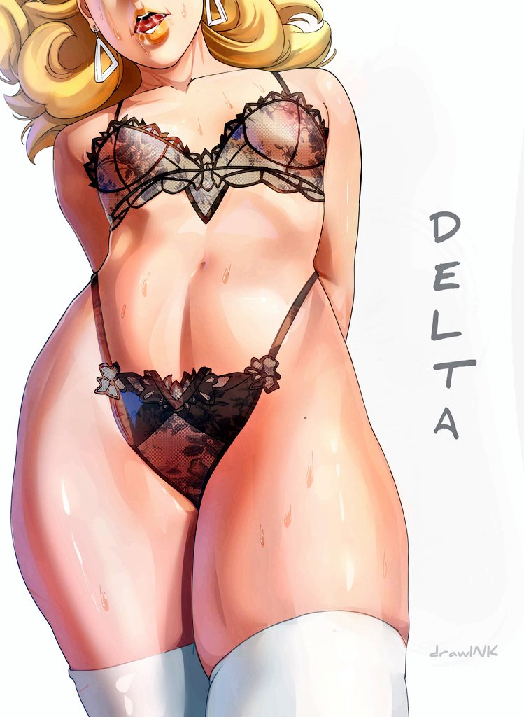 blonde female, blonde hair, boruto: naruto next generations, boruto: two blue vortex, bra, delta (boruto), drawink, earrings, female, female only, lingerie, lingerie bra, lingerie only, lingerie panties, lipstick, midriff, naruto (series), panties, partially clothed, partially nude, stockings (marking), sweatdrop, thick thighs, thighs, underwear
