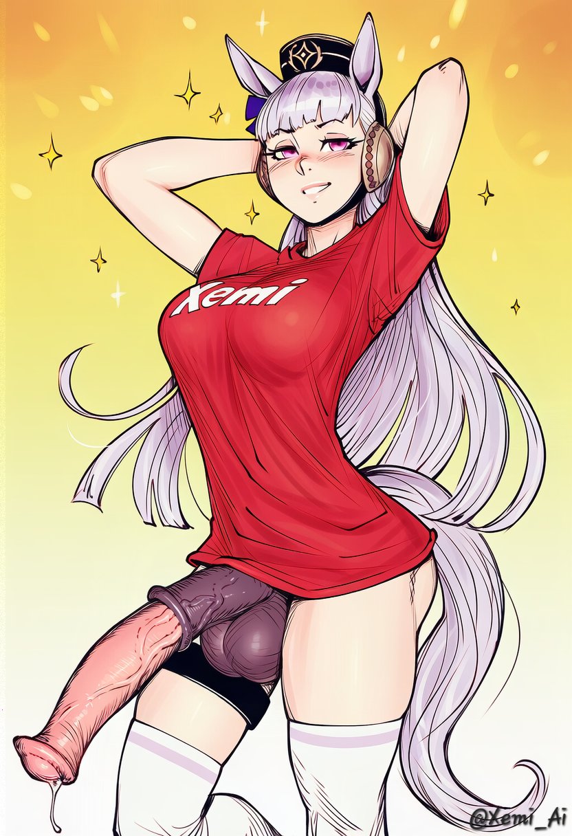 1futa, ai generated, animal ears, animal genitalia on humanoid, arms up, balls, big, big balls, bottomless, breasts, futa only, futanari, gold ship (umamusume), headgear, horse ears, horse penis, horse tail, horsecock, horsecock futa, horsecock on humanoid, huge breasts, intersex, large penis, no, panties, penis, precum, smug, socks, solo futa, sparkles, tail, thighs, umamusume, umamusume pretty derby, veiny penis, white hair, xemi ai