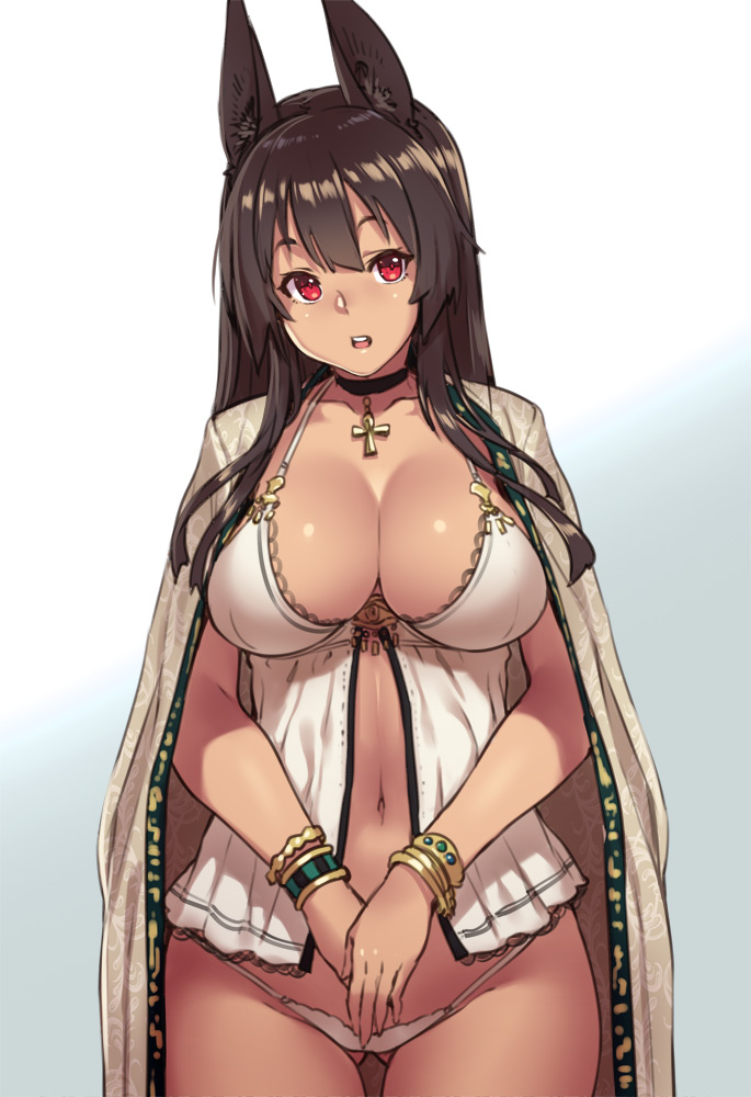 1girls, animal ears, ankh, anubis (houtengeki), ass visible through thighs, breasts, brown hair, choker, cleavage, egyptian, female, houtengeki, large breasts, long hair, navel, panties, pendant, red eyes, solo, standing, thigh gap