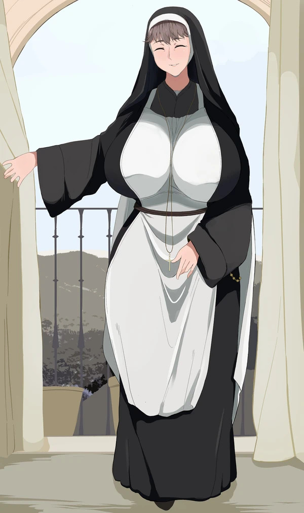 :d, ^ ^, 1girls, alternate costume, apron, arms behind back, bangs, black dress, black hair, blonde hair, blue eyes, blue sky, blush, breasts, brown eyes, brown hair, cleavage, closed eyes, closed eyes smile, closed mouth, cloud, covered nipples, cowboy shot, cross, cross necklace, curtains, curvy, cuteakita, day, door, dress, earrings, eyebrows visible through hair, facing viewer, female, full body, gigantic breasts, glasses, habit, hair between eyes, hair ornament, hairband, hand up, holding, huge breasts, impossible clothes, indoors, jewelry, juliet sleeves, kneeling, large breasts, leaning forward, lips, long dress, long hair, long skirt, long sleeves, looking at viewer, maid, mature female, mole, mole under eye, mole under mouth, necklace, nun, open mouth, original, outdoors, own hands together, parted bangs, parted lips, plump, puffy sleeves, ring, robe, shiny, shirt, short hair, sidelocks, skirt, sky, sleeves past wrists, smile, solo, standing, sweat, sweater, thick thighs, thighs, turtleneck, veil, very long hair, white apron, white dress, wide hips, wide sleeves, window, yellow eyes