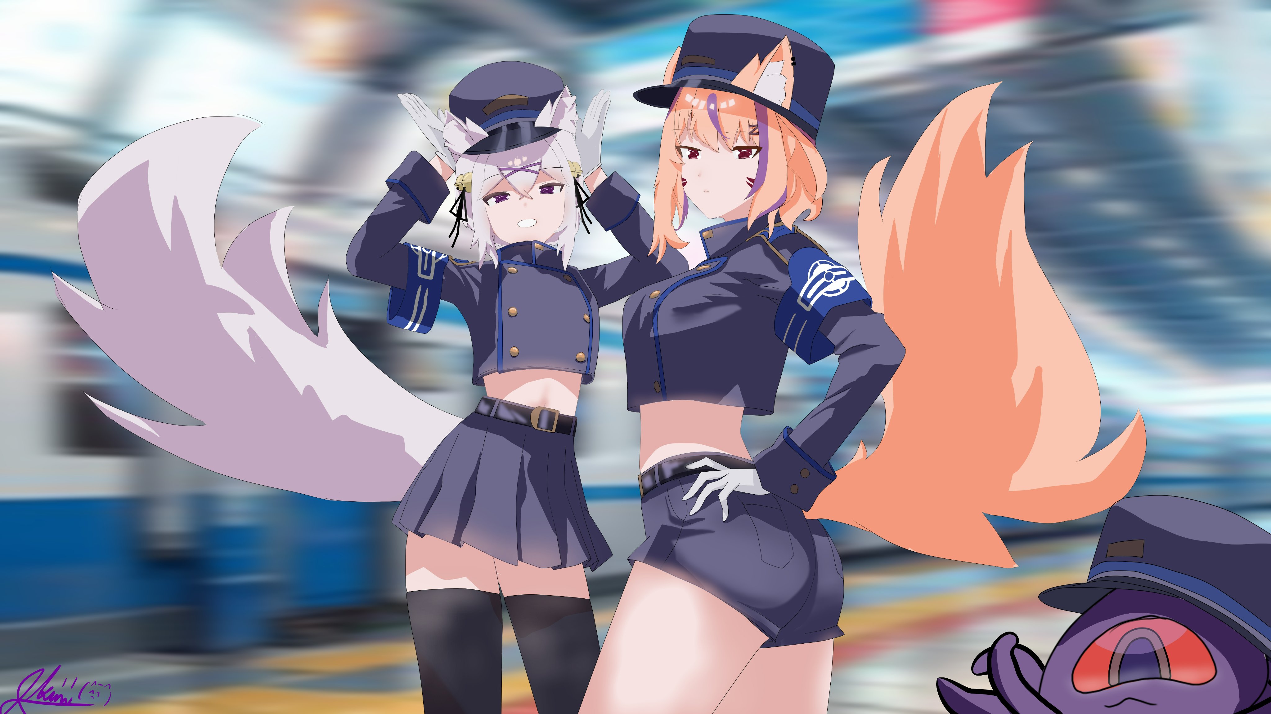 2girls, animal ear fluff, animal ears, belt, black headwear, black legwear, black shorts, blue archive, blurry, blurry background, cosplay, crop top, depth of field, female, filian (vtuber), fox ears, fox tail, gloves, hat, hikari (blue archive), hikari (blue archive) (cosplay), jacket, long hair, long sleeves, looking at viewer, midriff, multiple females, multiple girls, navel, nozomi (blue archive), nozomi (blue archive) (cosplay), peaked cap, red eyes, rindo (vrchat), short shorts, shorts, skirt, smile, squchan (vtuber), tail, thighhighs, virtual youtuber, vyugen, white gloves