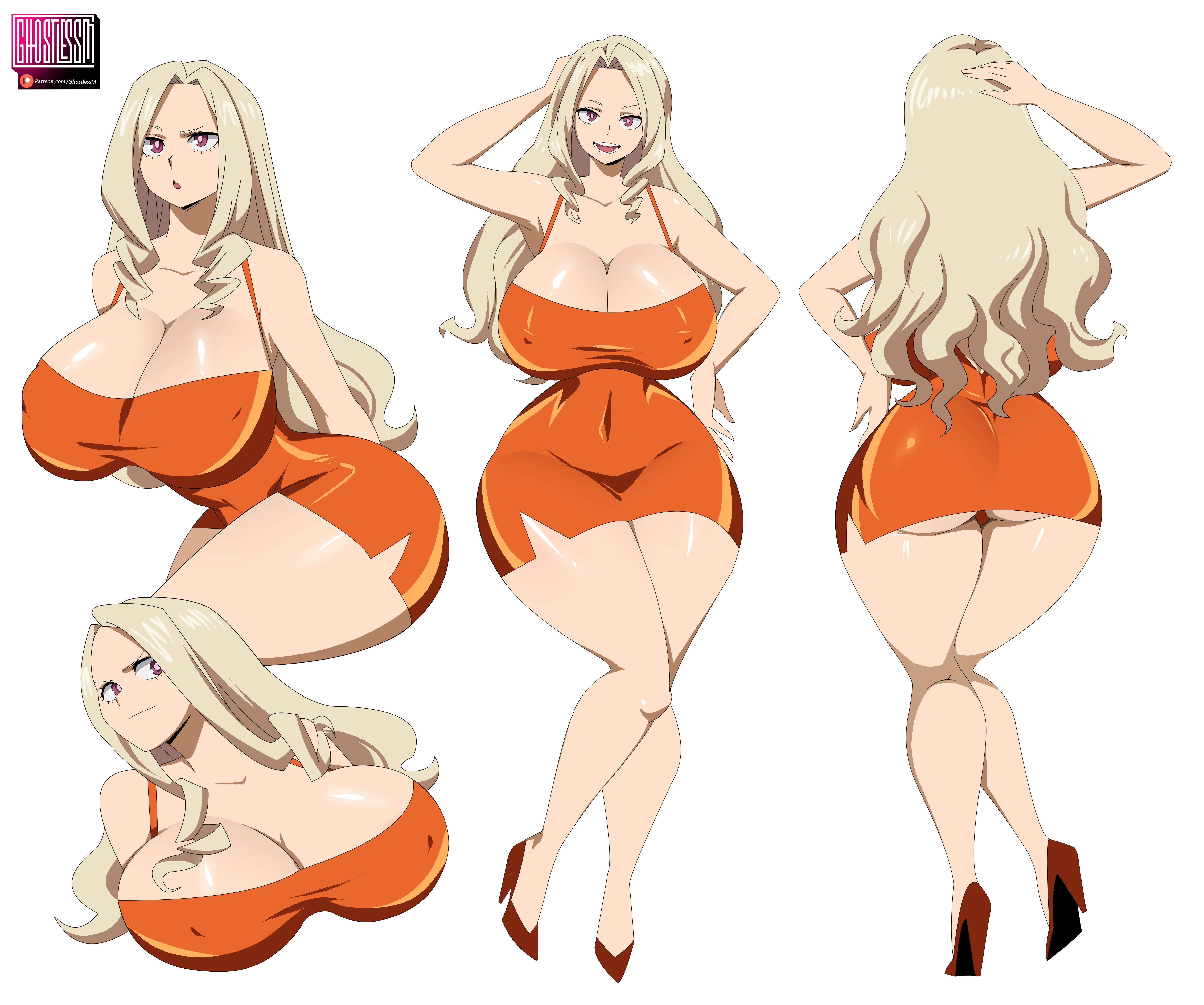 1girls, absurd res, absurdres, alternate costume, alternate version available, ass, back, back view, backboob, bare legs, big ass, big breasts, blonde hair, breasts, cleavage, clothing, dress, female, female only, footwear, full body, ghostlessm, hair, hand behind head, hand on hip, heels, high heels, high resolution, highres, hips, huge ass, huge breasts, long hair, mount lady, multiple views, my hero academia, nipple bulge, orange dress, purple eyes, short dress, smile, solo, solo female, superheroine, thick thighs, thighs, wide hips, yuu takeyama