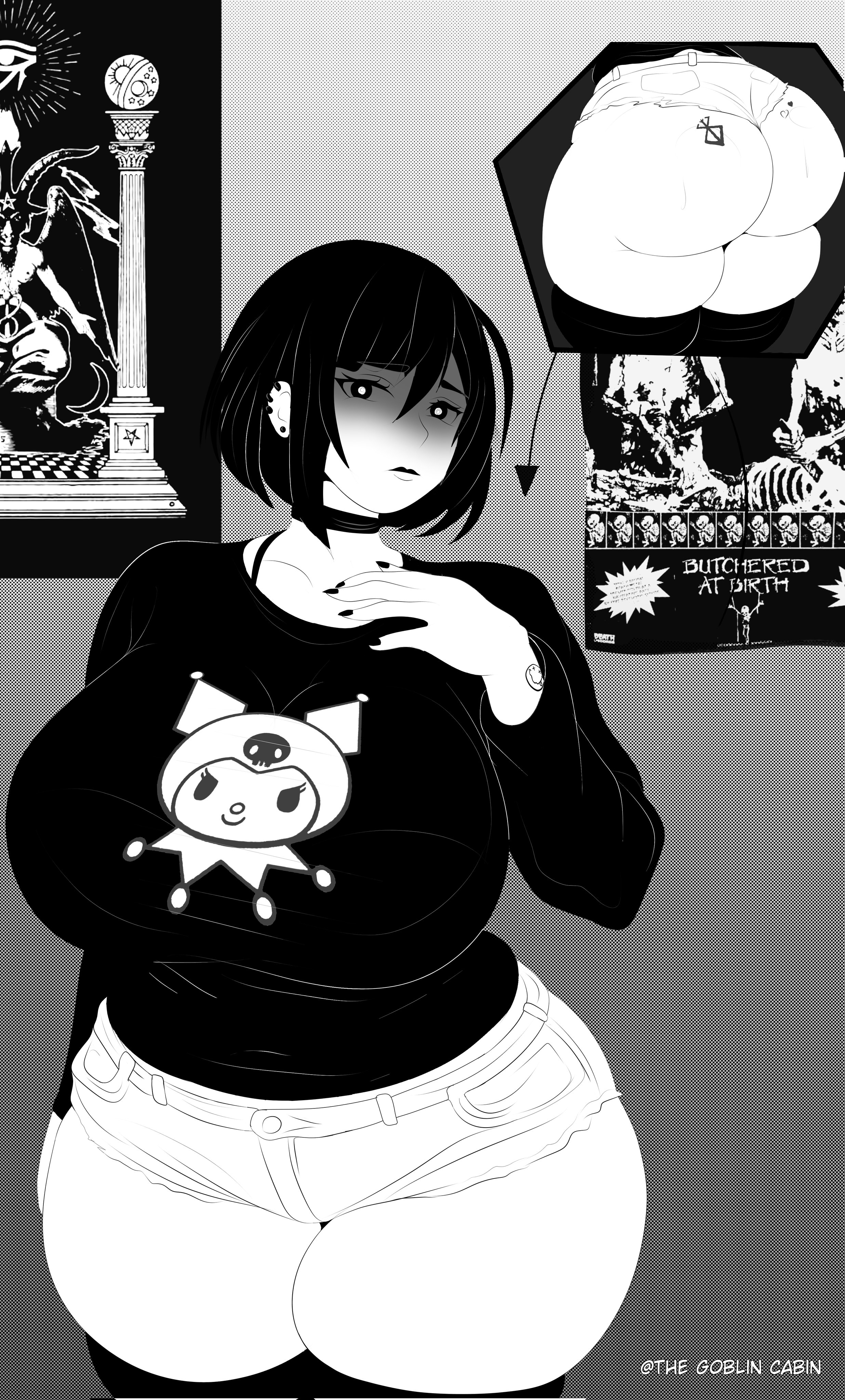 1girls, 2025, already uploaded, ass, ass bigger than head, ass tattoo, black and white, black hair, booty shorts, breasts, breasts bigger than head, bubble ass, bubble butt, cannibal corpse, choker, female, goth, goth girl, gothic, huge ass, huge breasts, jeans, monochrome, nyx (the goblin cabin), oc, posters, short hair, sole female, stockings, tattoos, the goblin cabin (mclovintrue), thick ass, thick thighs, thighs, thighs bigger than head, twitter link, twitter username, wide hips