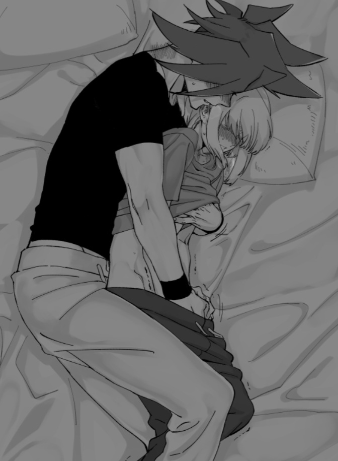 2boys, androgynous, bed, bed sheet, blush, clothing, femboy, galo thymos, gay, gay sex, handjob, lio fotia, male, masturbation, monochrome, promare, size difference, twink, yaoi