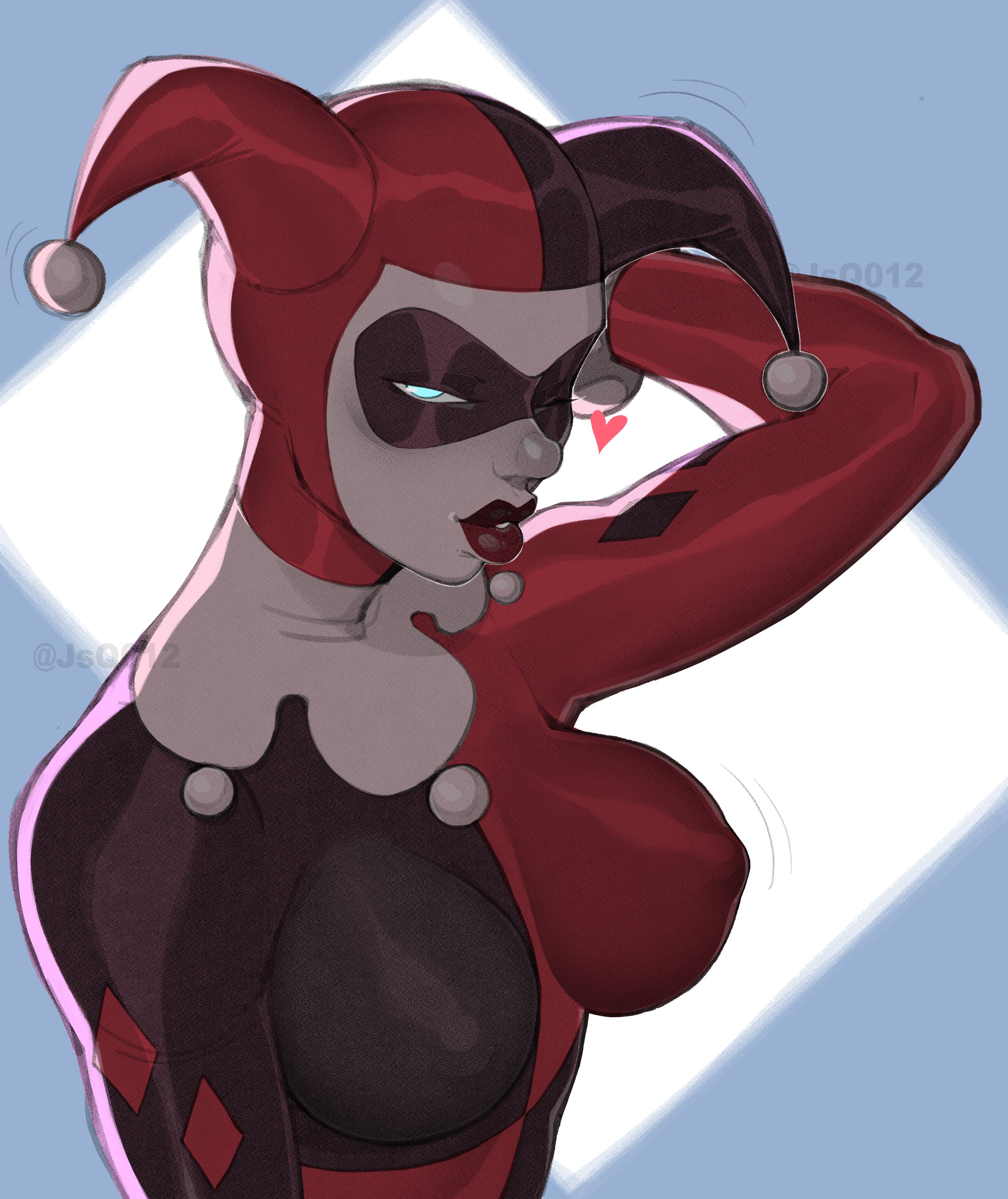1girls, batman (series), batman: the animated series, blue eyes, bodysuit, breasts, clown, clown girl, dc, dc comics, dcau, female, harley quinn, harley quinn (classic), jester, jester hat, jsq012, latex, light skin, light-skinned female, lipstick, medium breasts, skintight, smile, suggestive, white skin