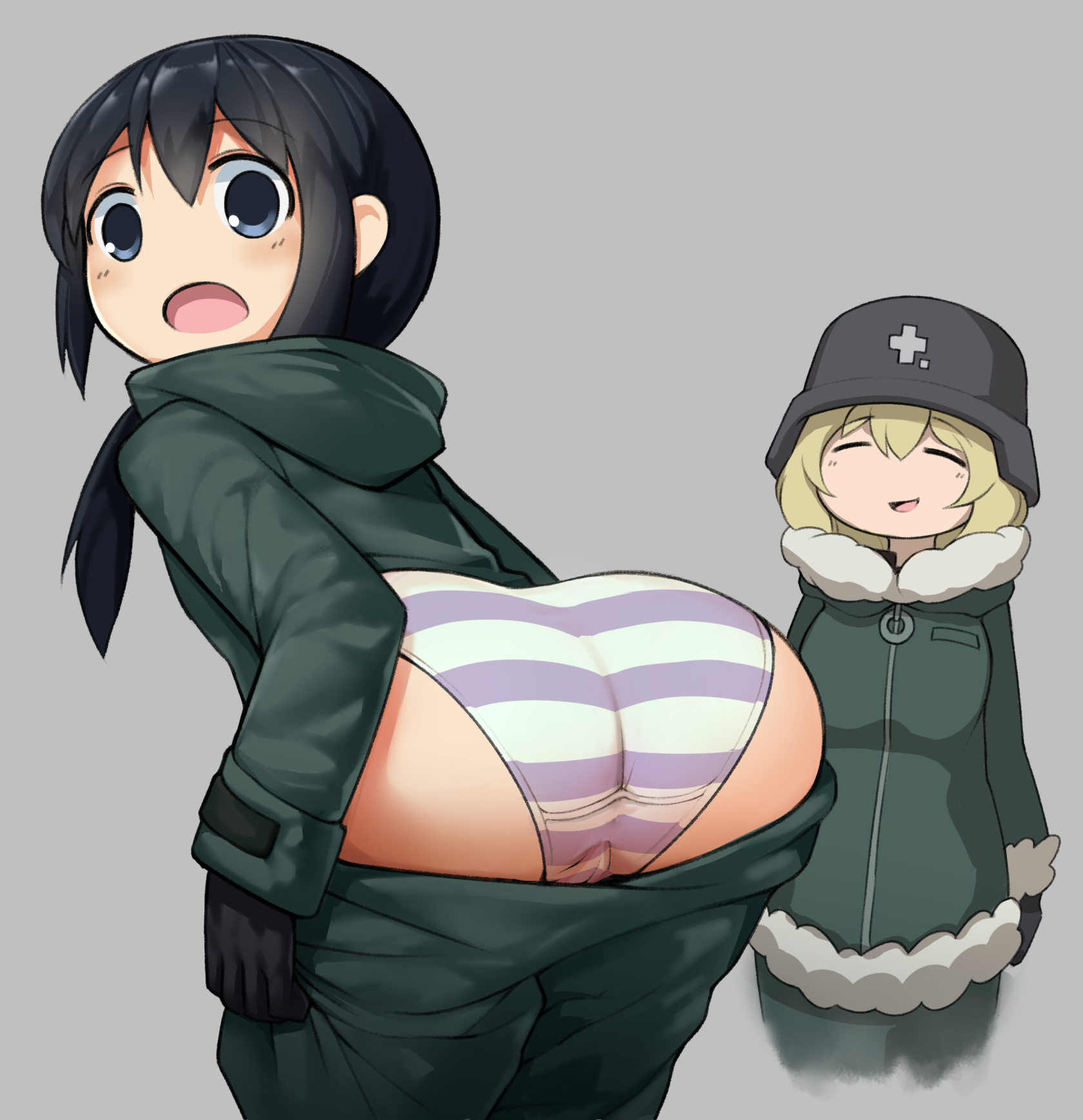 2girls, artstyle imitation, ass, black hair, blonde hair, blue eyes, blush, chito (shoujo shuumatsu ryokou), closed eyes, female, girls' last tour, gloves, grey background, hi res, highres, long hair, looking at viewer, looking back, no nose, open mouth, panties, pants pull, short hair, shoujo shuumatsu ryokou, simple background, sinensian, smile, striped panties, tagme, yuuri (shoujo shuumatsu ryokou)