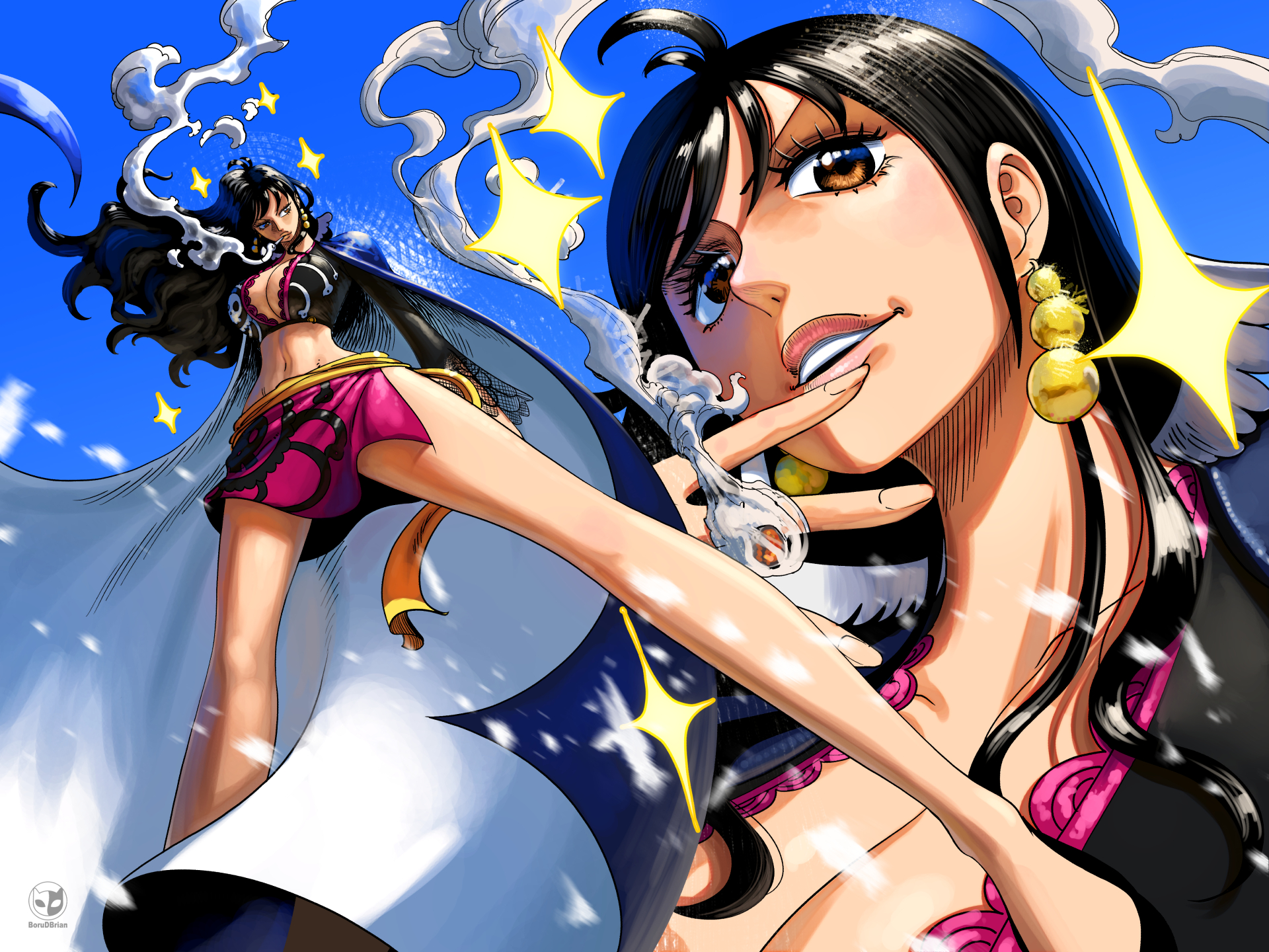 1girls, bare legs, bare thighs, big breasts, black hair, black-haired female, borudbrian, breasts, brown eyes, cigarette, clothed, clothing, color, female, female focus, female only, hi res, jewelry, large breasts, light skin, light-skinned female, long hair, looking at viewer, one piece, shakuyaku, shounen jump, smoking, solo, solo female, tagme, thick thighs