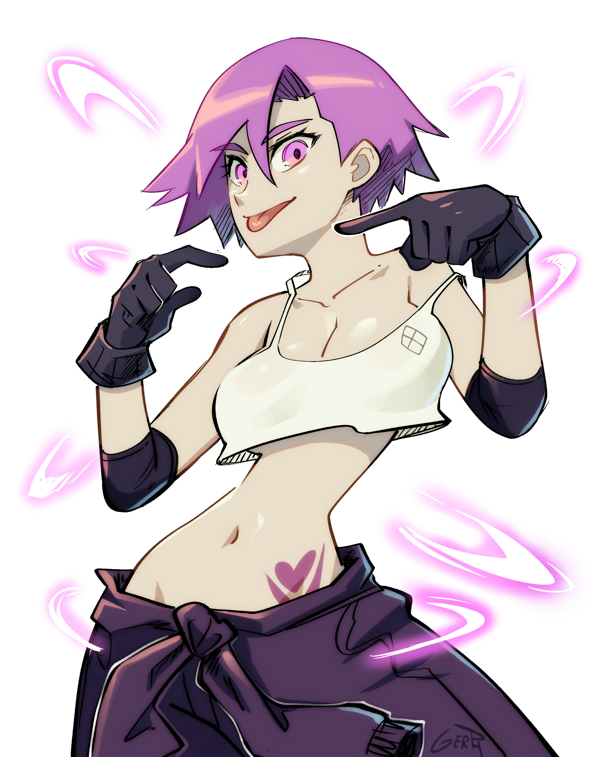 1girls, antagonista, belly, belly button, clothed, clothed female, clothing, female, female focus, female only, gerph, gloves, midriff, no bra, purple eyes, purple hair, saikomic, solo, solo female, solo focus, tania (antagonista), tank top, tattoo, tattoo on belly, webcomic, webcomic character