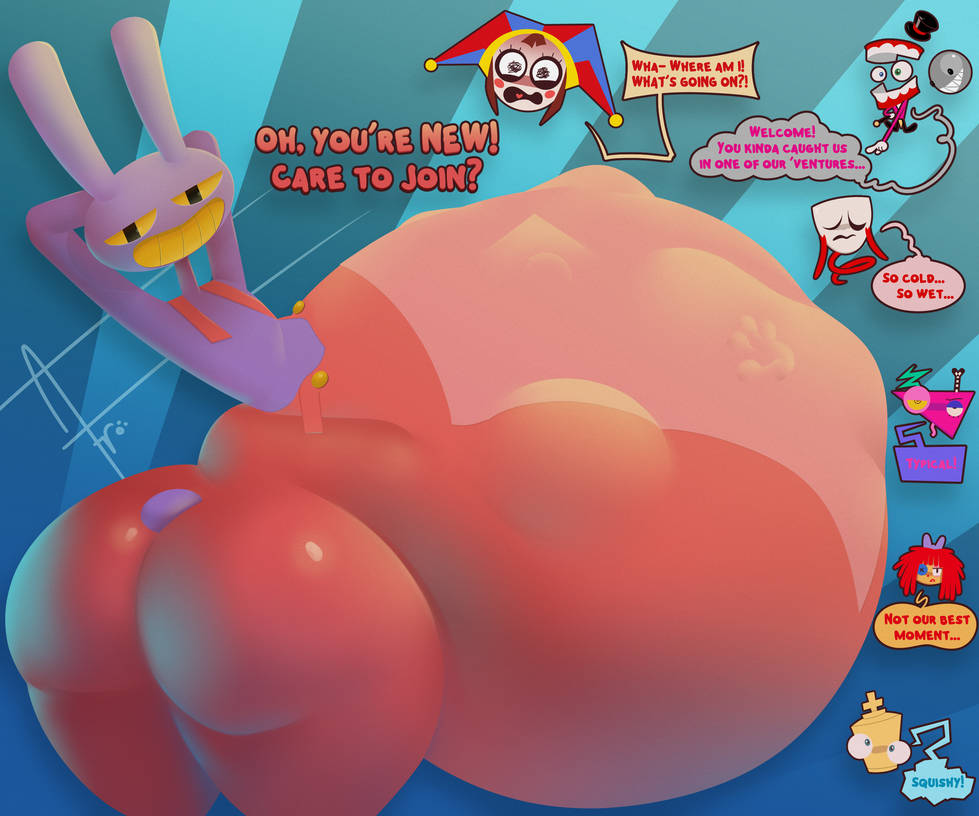 1ambiguous, 1boy, 3boys, 3girls, afraart, ambiguous gender, anthro, asking a question, big ass, big ass (male), big belly, big butt, bubble (the amazing digital circus), female, female prey, furry, gangle (the amazing digital circus), gooseworx, hyper, hyper ass, hyper belly, hyper butt, jax (tadc), jax (the amazing digital circus), kinger (the amazing digital circus), male, male focus, male pred, male prey, mass vore, overalls, pomni, pomni (the amazing digital circus), purple body, purple skin, ragatha, ragatha (the amazing digital circus), red text, speech bubble, struggling prey, text, text bubble, the amazing digital circus, thick thighs, vore, vore belly, yellow sclera, yellow teeth, zooble (the amazing digital circus)