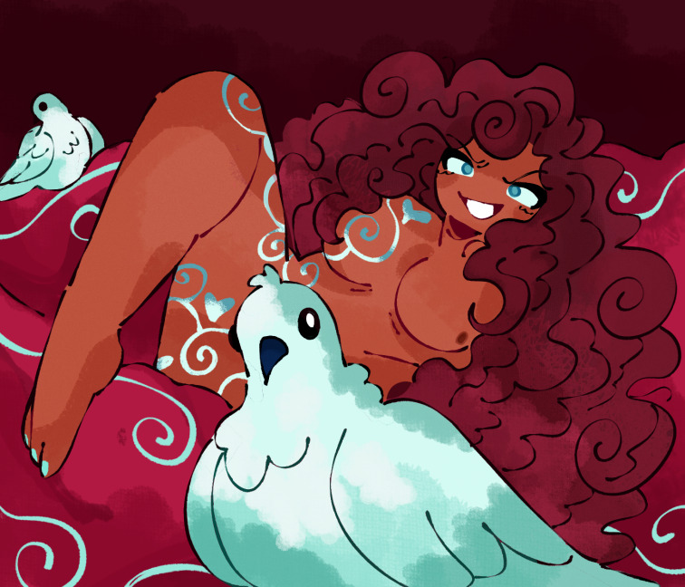 aphrodite, aphrodite (epic the musical), bambiilooza, bird, birds, blue eyes, breasts, censored, censored pussy, dark pink hair, dark skin, dove, doves, epic the musical, female, goddess, markings, milf, not porn, pink hair, pussy, smile