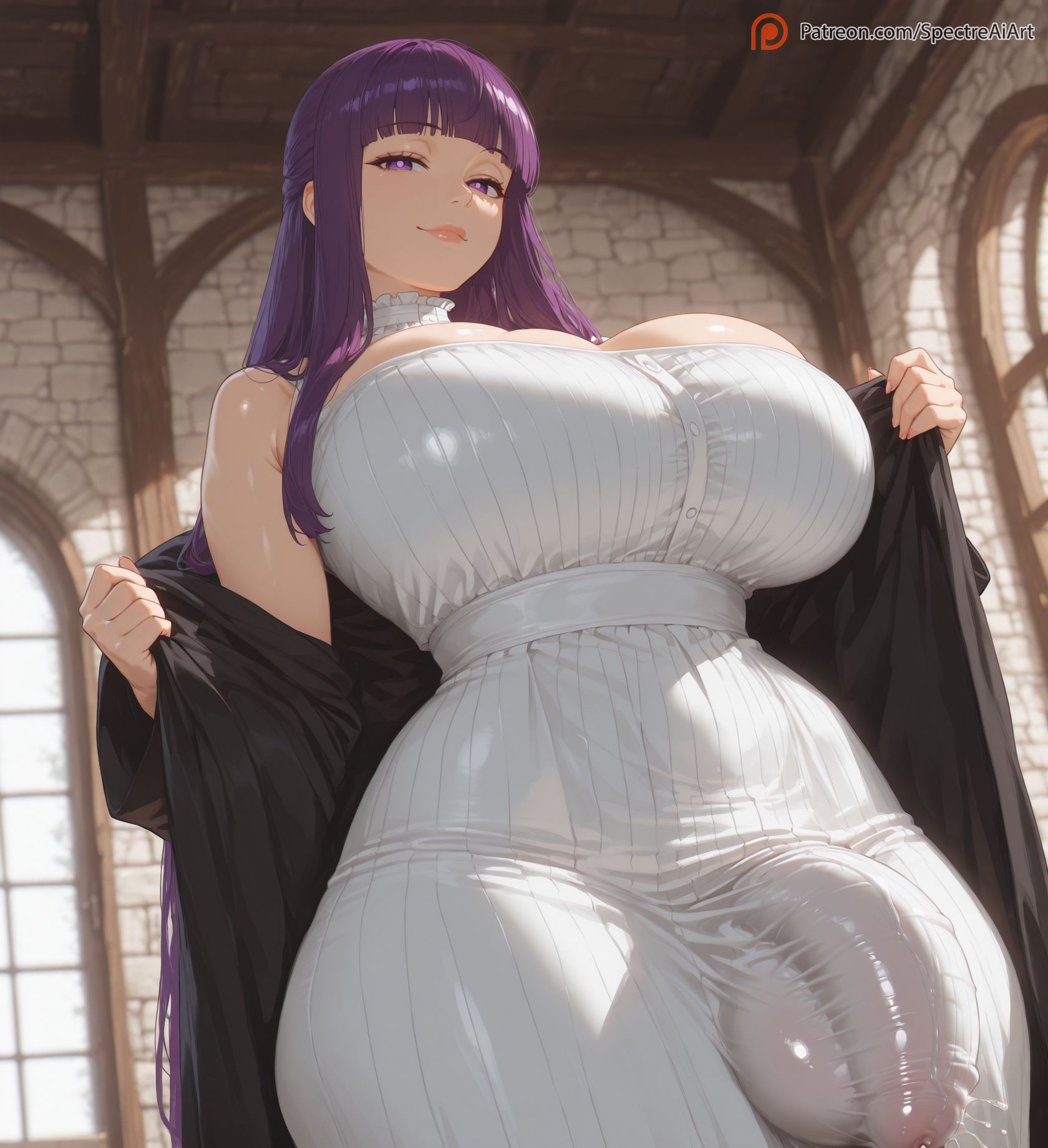 1futa, ai generated, armpits, ass, balls, bangs, big breasts, blush, breasts, bulge, choker, curvy, curvy figure, dickgirl, dominatrix, dress, dripping precum, female, fern (sousou no frieren), from below, futa only, futanari, high resolution, highres, huge balls, huge breasts, huge cock, huge testicles, imminent rape, indoors, intersex, looking at viewer, penis, penis bulge, precum, purple eyes, purple hair, robe, smooth skin, solo, solo focus, solo futa, sousou no frieren, spectreai, testicles, thick, thick ass, thick legs, thick thighs, undressing, voluptuous, voluptuous futa