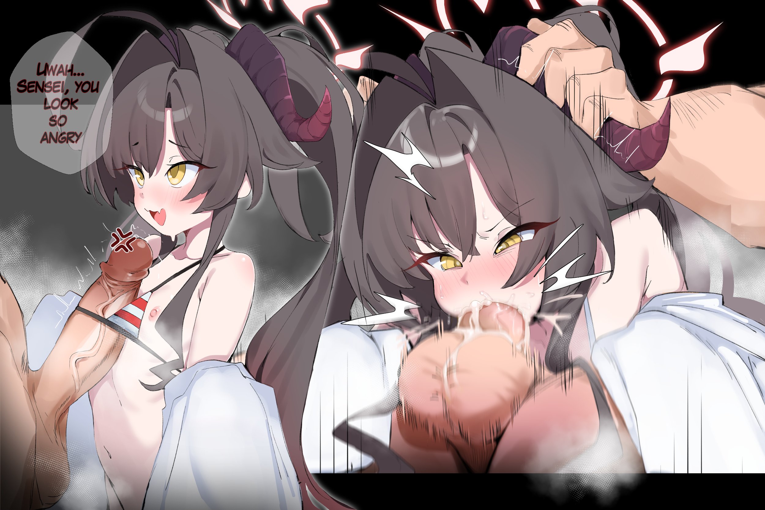 :3, 1boy, 1girls, ahoge, balls, before and after, bikini, blue archive, blush, breasts, brown hair, cum, cum in mouth, cute fang, dialogue, fellatio, female, female focus, flat chest, gen (unzzenasd), hair intakes, halo, horn grab, horns, kasumi (blue archive), kasumi (swimsuit) (blue archive), labcoat, large balls, male, navel, oral, penis, penis in mouth, penis on chest, petite, ponytail, small breasts, speech bubble, striped bikini, striped swimsuit, swimsuit, text, text bubble, twintails, yellow eyes