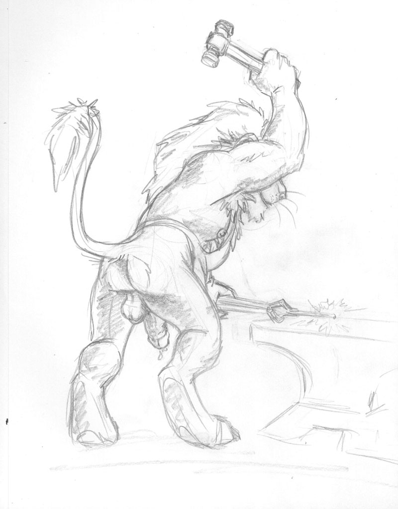 1boy anthro ass balls blacksmith chris_mckinley feline hiram_(chris_mckinley) lion male male_only mammal penis sketch solo