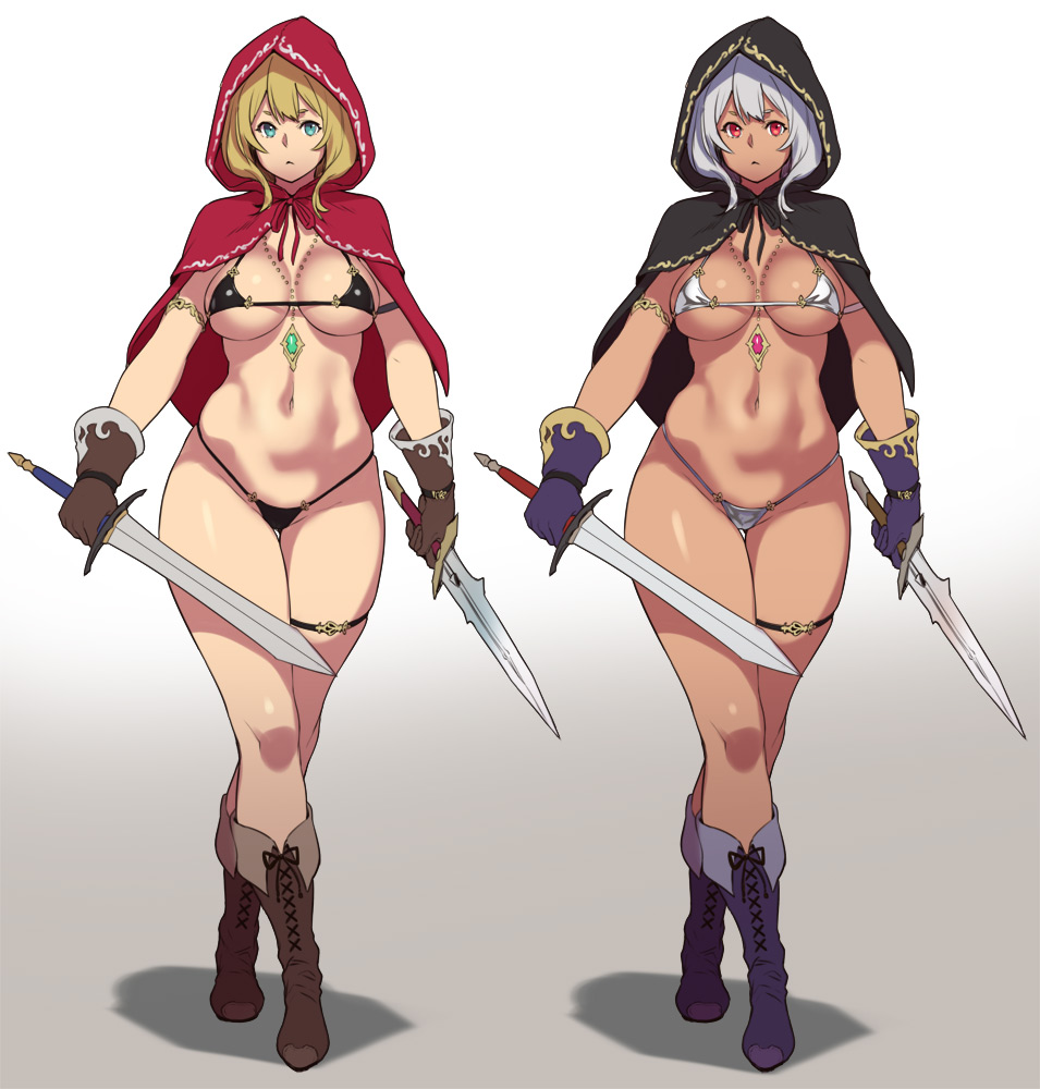 2girls, armlet, bikini, blonde hair, blue eyes, boots, breasts, cleavage, dark skin, dual wielding, female, gloves, grey hair, hood, houtengeki, large breasts, panties, red eyes, short hair, sword, thigh gap, thigh strap, underboob, weapon