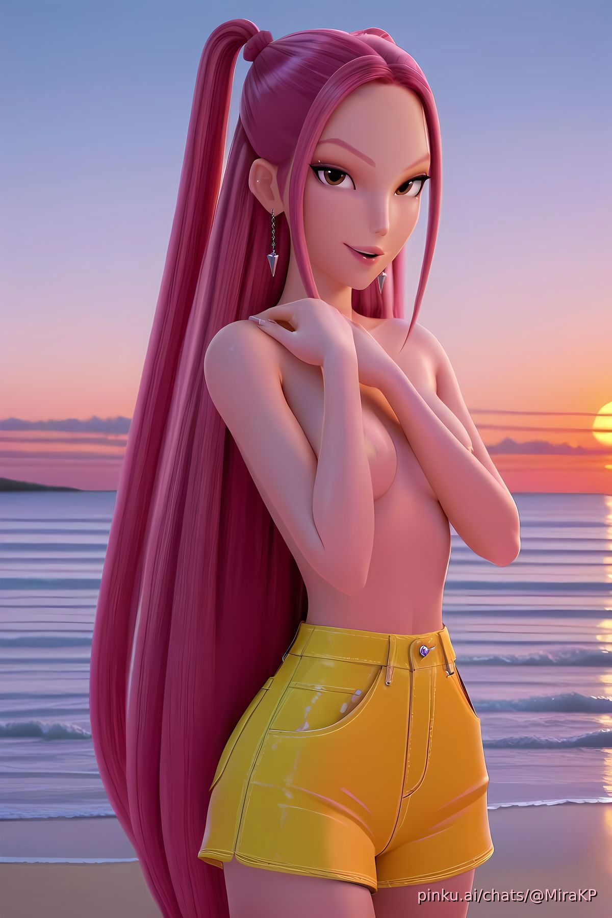 1girls, ai generated, breasts, cute, female, hand bra, kpop demon hunters, mira (kpop demon hunters), petite, pink hair, pinku.ai, shorts, skinny, slim, small breasts, sony interactive entertainment, topless, topless female