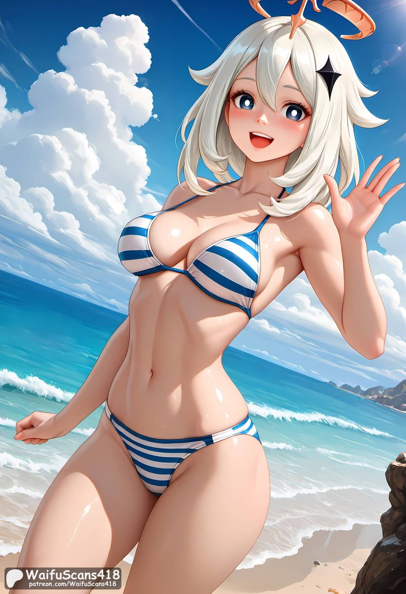 :d, 1girls, aged up, ai generated, artist name, bangs, bare arms, bare shoulders, beach, bikini, blue eyes, blue sky, blush, breasts, bright pupils, cleavage, clenched hand, cloud, collarbone, cowboy shot, day, female, female only, genshin impact, hair between eyes, hair ornament, halo, hand up, high resolution, highres, light-skinned female, looking at viewer, medium breasts, medium hair, navel, ocean, open mouth, outdoors, paimon (genshin impact), sand, shiny skin, short hair, skindentation, sky, smile, solo, stable diffusion, standing, stomach, striped, striped bikini, sunlight, swimsuit, teeth, thighs, upper teeth only, waifuscans418, water, waving, white hair