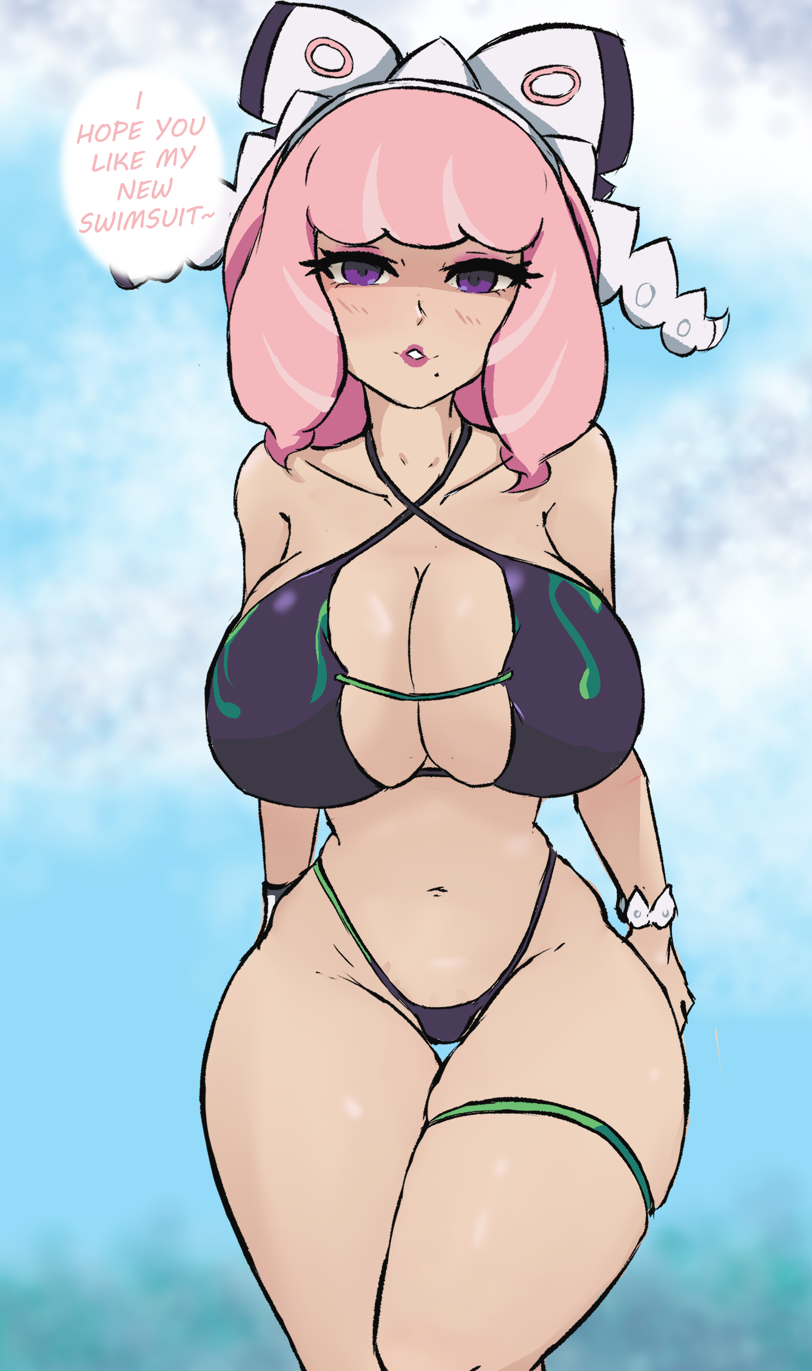 1girls, armwear, big breasts, bikini, bikini bottom, bikini top, bimbo, blush, bottomwear, breasts, cleavage, english, english text, eyeshadow, female, female only, game freak, hair, hair ornament, hair ribbon, hips, huge breasts, in2naps, klara (pokemon), lips, lipstick, looking at viewer, mole, mole under mouth, pink hair, pokemon, pokemon ss, purple bikini, purple eyes, purple lips, purple lipstick, solo, solo female, swimwear, text, thick thighs, thigh strap, thighs, topwear, wide hips