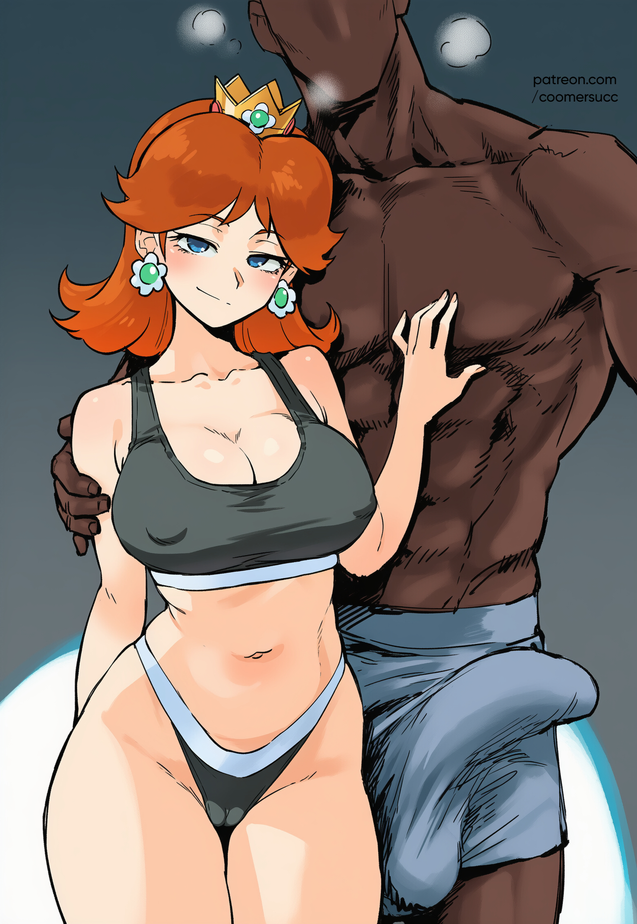 1boy, 1girls, ai generated, bare arms, bare legs, bare shoulders, bare thighs, big breasts, big penis, breasts, brown hair, bulge, color, coomersucc, dark skin, dark-skinned male, female, hi res, interracial, large breasts, light skin, light-skinned female, male, male/female, mario (series), muscles, muscular, muscular male, netorare, nipple bulge, ntr, penis, princess daisy, short hair, thick thighs