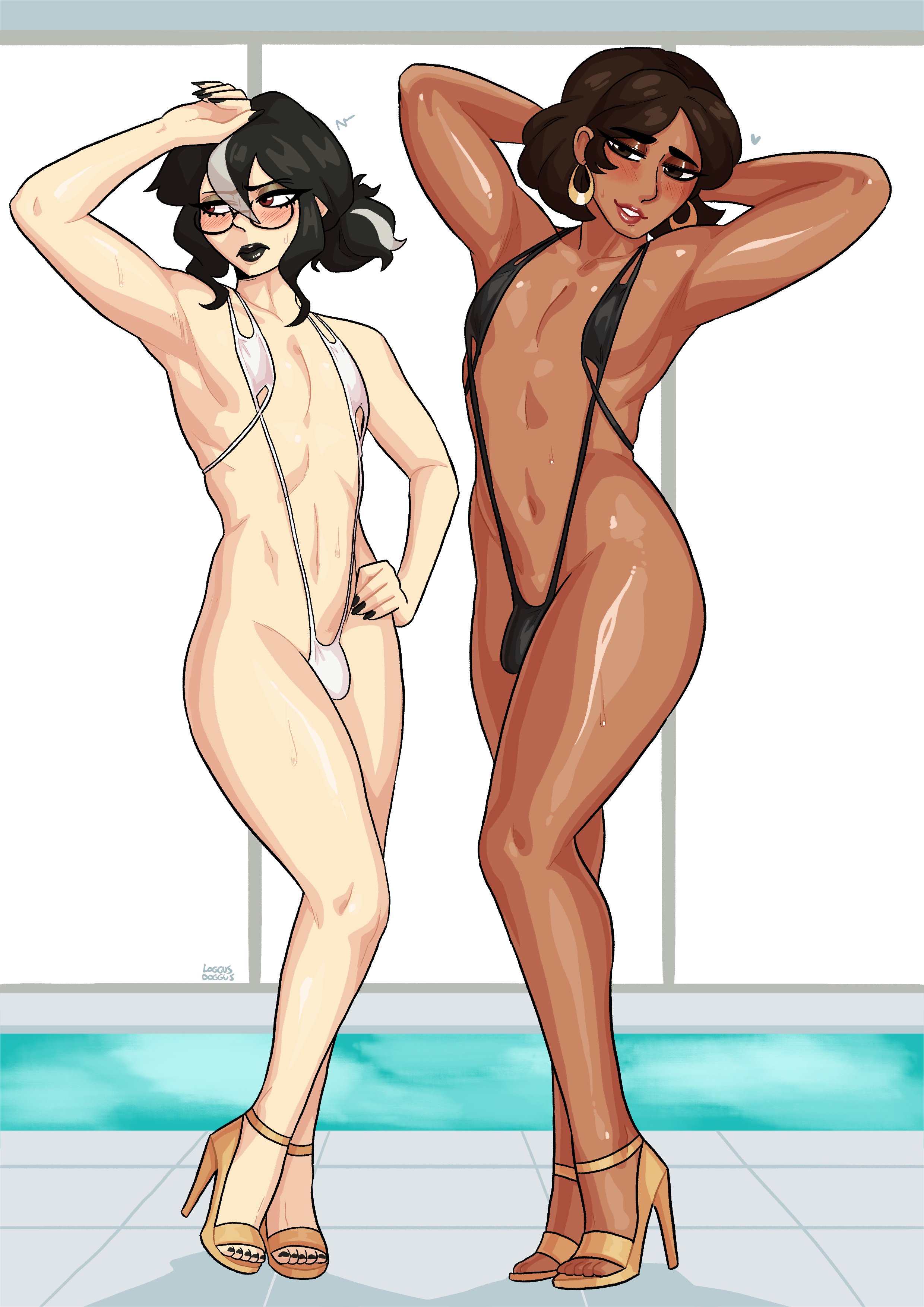 2boys, 2femboys, black eyeshadow, black hair, black lipstick, black makeup, black mankini, black nail polish, black-haired male, blush, brown eyes, brown hair, brown-haired male, bulge, chocolate and vanilla, commission, dark skin, dark-skinned femboy, dark-skinned male, earrings, embarrassed, eyeshadow, femboy, full body, girly, grey highlights, hand on hip, hands behind head, heels, high heels, highlights (coloring), highres, light skin, light-skinned femboy, light-skinned male, lipstick, loggus doggus, looking at viewer, looking away, makeup, male, male only, mankini, nail polish, painted nails, painted toenails, poolside, pose, red lipstick, seductive, seductive pose, sissy, sling bikini, small bulge, smiling, smiling at viewer, streaked hair, thighs, tied hair, trap, very high resolution, white mankini, white streak
