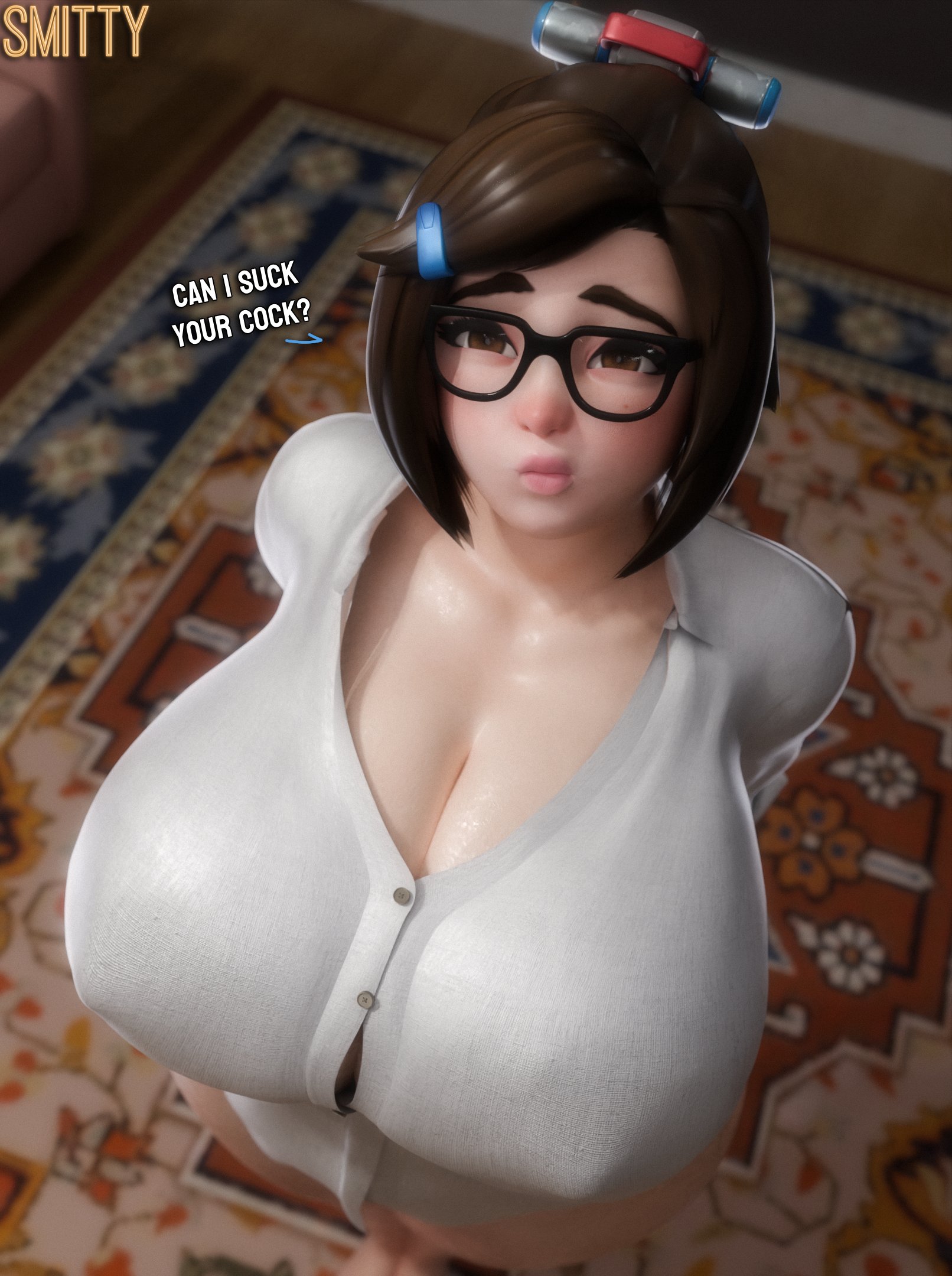 1girls, 3d, 3d (artwork), asian, asian female, big breasts, blizzard entertainment, breasts, brown hair, brown-haired female, brunette hair, chinese, chinese female, cleavage, english text, fellatio request, female, glasses, highres, huge breasts, inviting to oral, large boobs, large breasts, light skin, light-skinned female, male, mei (overwatch), out of frame male, overwatch, overwatch 2, pov, shorter female, smaller female, smitty34, text, white shirt