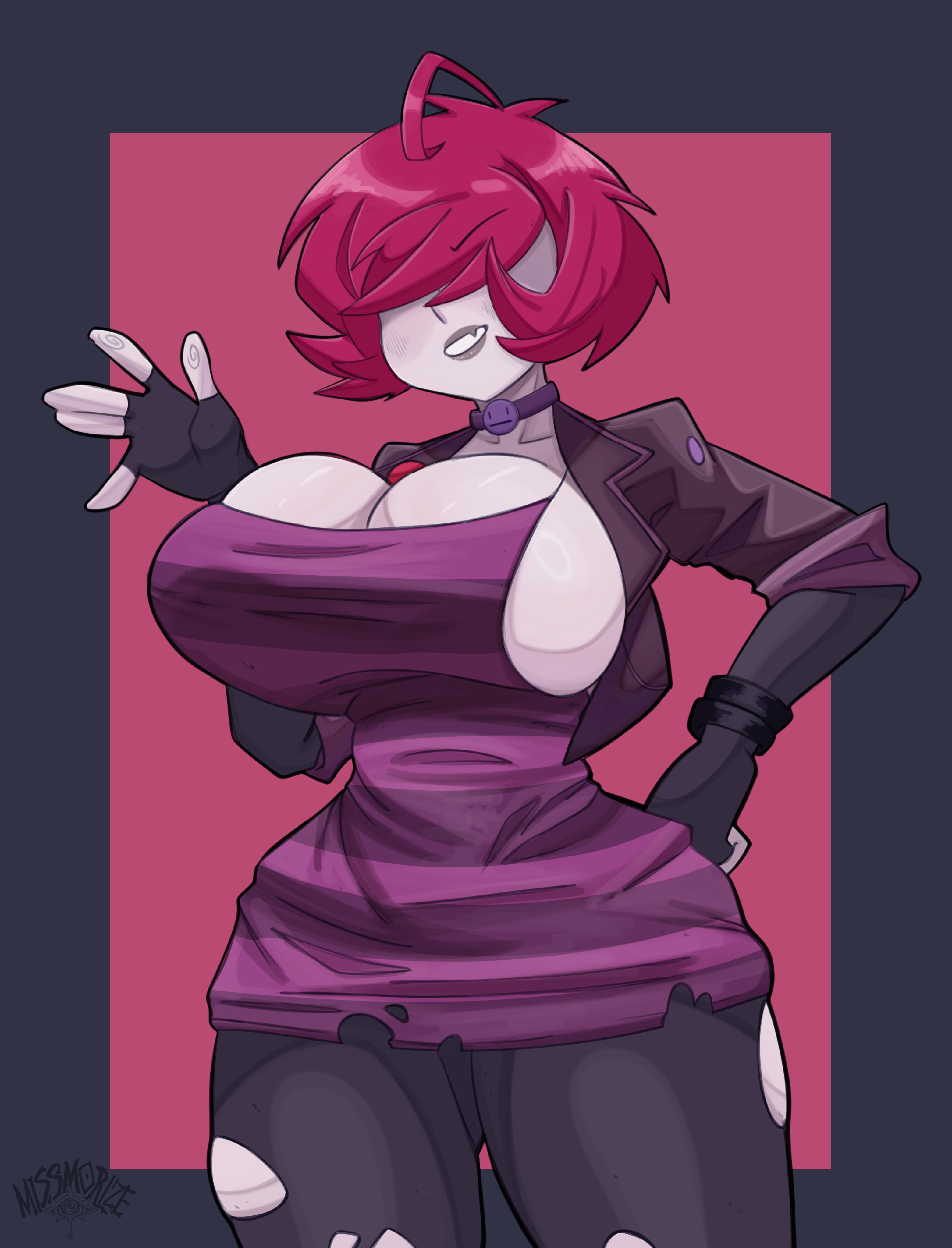 ahoge, armwear, bangs, big ass, big breasts, big butt, big titties, blushing, bracelets, braless, breasts, bursting breasts, busty, choker, cleavage, clothed, clothing, cropped jacket, curvaceous, curvaceous female, curvaceous figure, curvy, curvy figure, curvy hips, female, female focus, female only, fingerless gloves, fully clothed, gaz membrane, grey body, hair covering eyes, hair over eyes, hand on hip, high thighs, hips, hourglass figure, jacket, large breasts, legwear, missmorize, no bra, original, original character, parted lips, red hair, ripped clothing, short hair, smile, solo, solo female, standing, striped clothing, thick thighs, thin waist, tight clothing, waving, wide hips