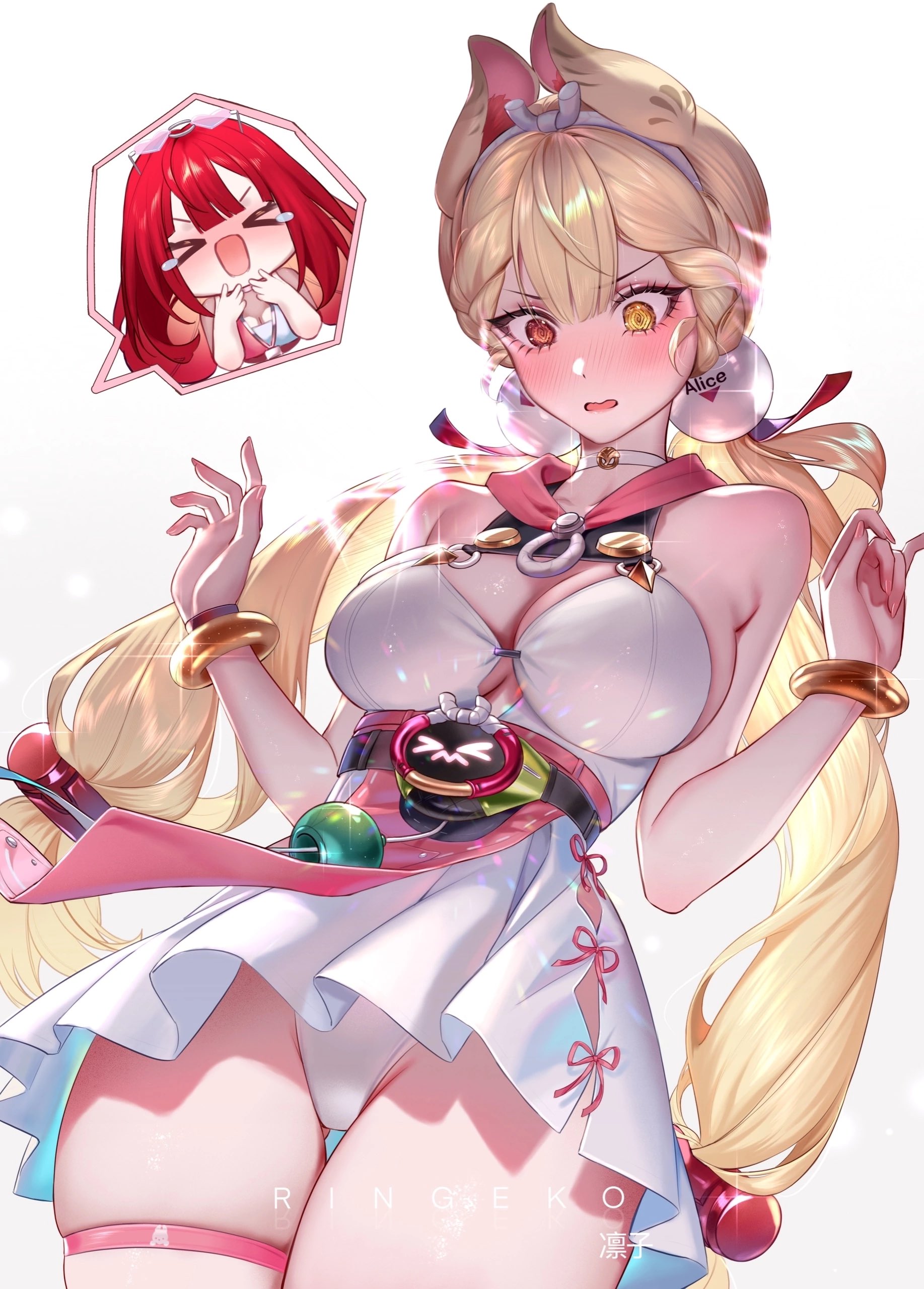 2girls, alice thymefield, alice thymefield (sea of thyme), ass, ass visible through thighs, blush, breasts, bunny ears, embarrassed, female, female focus, female only, highres, large breasts, light skin, light-skinned female, official alternate costume, ringeko chan, simple background, swimsuit, thick thighs, thighs, ukinami yuzuha, ukinami yuzuha (tanuki in broad daylight), white background, wide hips, yuri, zenless zone zero