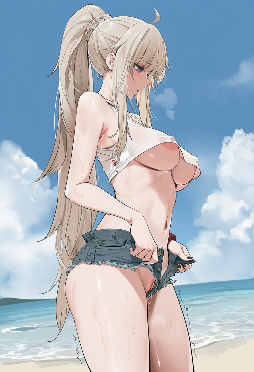 1girls, ai generated, ak-74m (girls' frontline), areola, areola slip, batonkhleba, black nails, blonde hair, breasts, covered nipples, crop top, denim shorts, embarrassed, erect nipples, exhibitionism, female, female focus, girls' frontline, heavy breathing, long hair, medium breasts, micro shorts, no panties, outdoors, ponytail, public indecency, purple eyes, pussy, pussy juice, pussy juice drip, pussy juice string, pussy juice trail, pussy peek, revealing clothes, shorts, solo, sweat, thick thighs, thighhighs, underboob, unzipped shorts