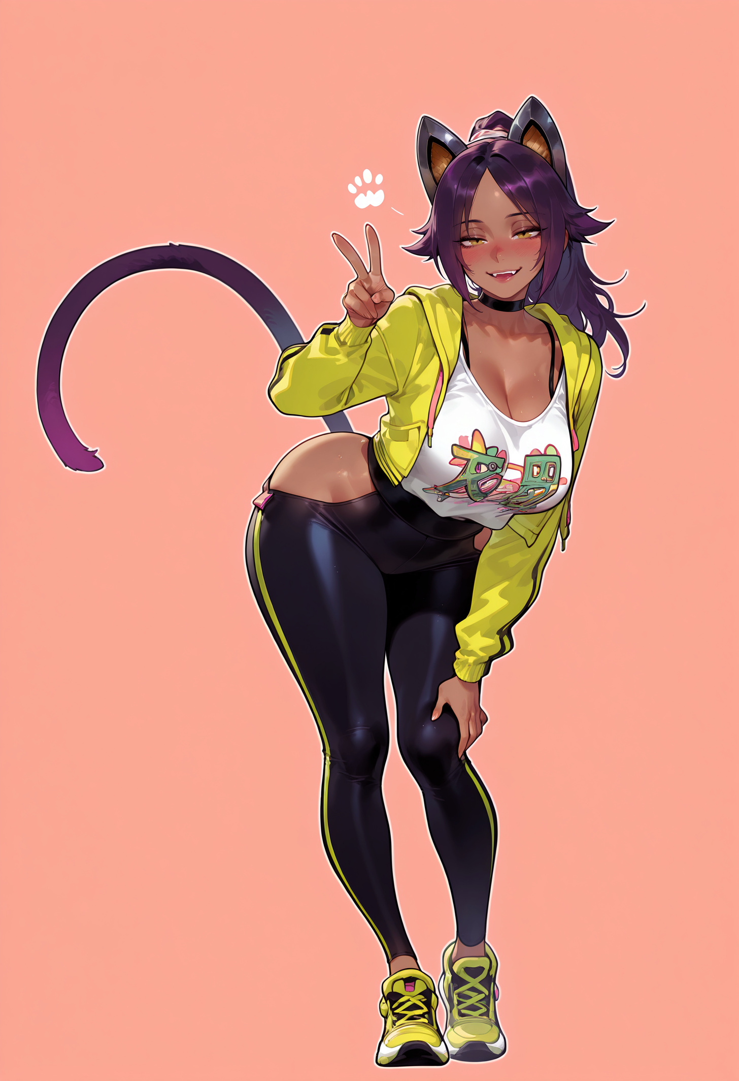 1girls, ai generated, animal ears, balecxi, black choker, black pants, bleach, bleach: the thousand-year blood war, blush, breasts, cat ears, cat girl, cat tail, choker, cleavage, clothing, clothing cutout, collarbone, covered navel, crop top, cropped jacket, curvaceous, curvaceous female, curvaceous figure, curvy, curvy figure, dark skin, dark-skinned female, female, female focus, female only, footwear, full body, hair scrunchie, half-closed eyes, hand on own knee, hand on own thigh, hip vent, hood, inviting, jacket, large breasts, leaning forward, long hair, long sleeves, looking at viewer, mature female, open clothes, open jacket, open mouth, pants, parted bangs, paw print, pink background, ponytail, presenting, presenting ass, presenting breasts, presenting hindquarters, presenting self, purple hair, scrunchie, seductive, seductive look, seductive smile, shihouin yoruichi, shirt, shoes, simple background, smile, sneakers, solo, standing, tail, thighs, tight clothes, v, voluptuous, voluptuous female, white shirt, wide hips, yellow eyes, yellow jacket, yoga pants
