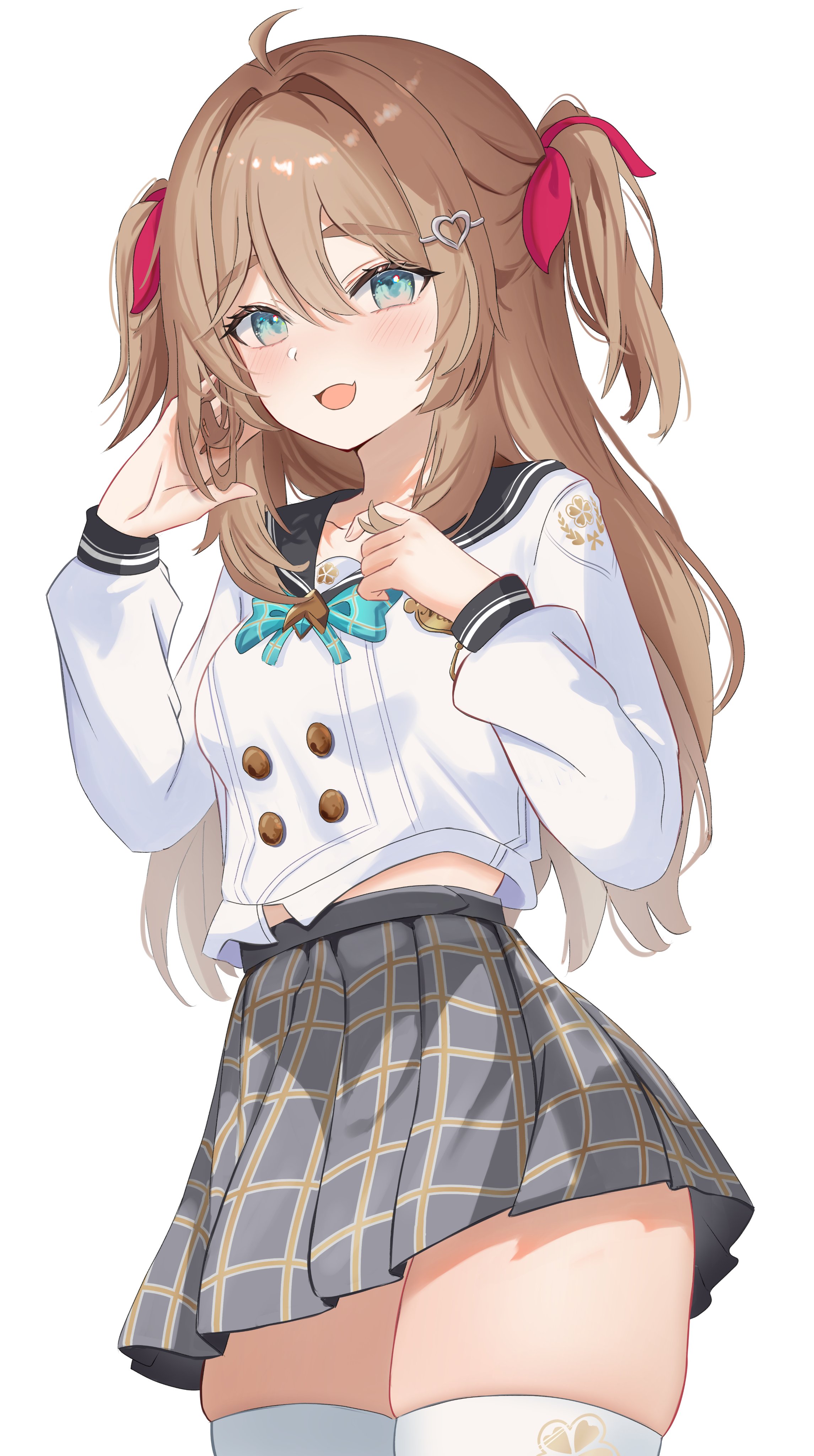 :d, 1girls, absurd res, ahoge, aqua bow, aqua bowtie, black sailor collar, blue eyes, bow, bowtie, brown hair, commentary, commission, commissioner upload, cowboy shot, english commentary, female, grey skirt, hair between eyes, hair ornament, hairbow, hands up, heart, heart hair ornament, hi res, light blush, long hair, looking at viewer, name tag, neuro-sama, open mouth, plaid clothes, plaid skirt, playing with own hair, pleated skirt, red bow, sailor collar, school uniform, second-party source, serafhin, serafuku, skindentation, skirt, smile, thick eyebrows, thighhighs, thighs, twirling hair, two side up, vedal ai, virtual youtuber, white background, white serafuku, white thighhighs, zettai ryouiki